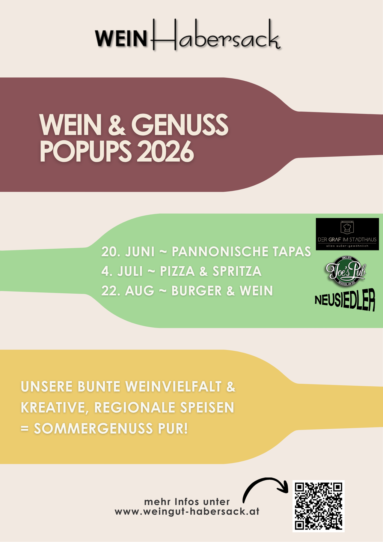 Wine and Enjoyment Pop-Ups 2026. June 20: Pannonian Tapas. July 4: Pizza and Spritz. Aug 22: Burger and Wine. Enjoy our diverse wine selection and creative regional dishes. Pure summer enjoyment!