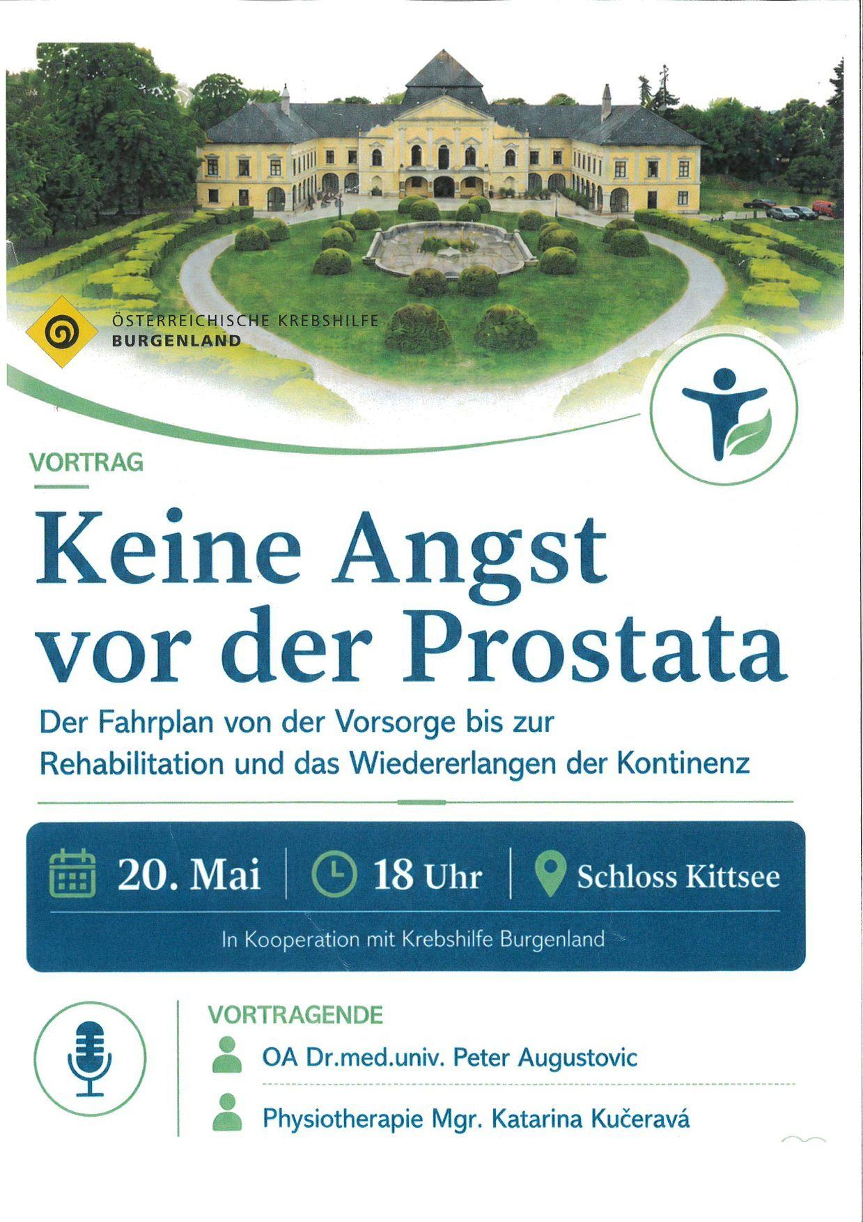 Plakat für die Veranstaltung 'Keine Angst vor der Prostata'. Geplant für den 20. Mai um 18:00 im Schloss Kittsee, organisiert von Krebshilfe Burgenland.