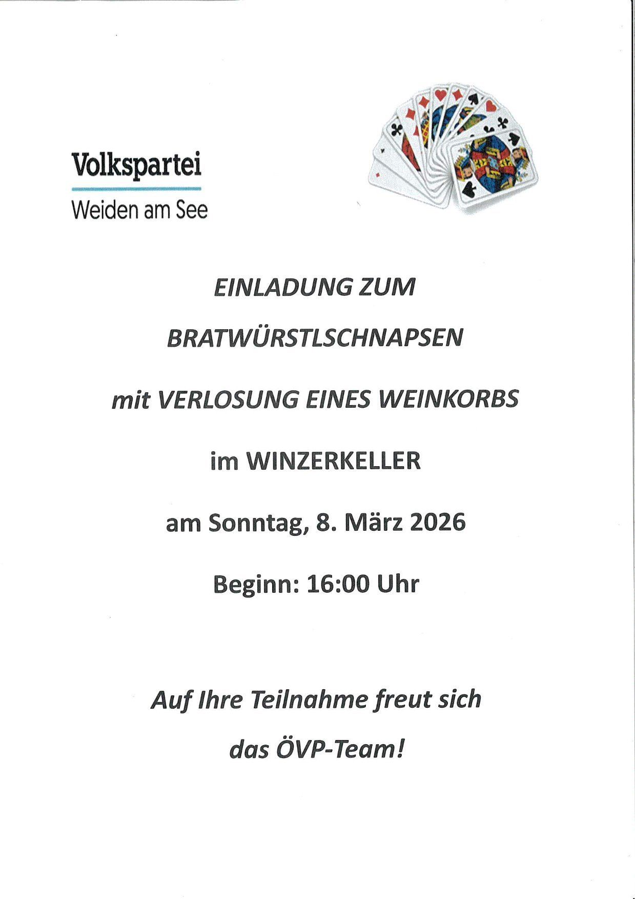 Invitation to bratwurst-schnapps with a wine barrel loss in the wine cellar on Sunday, March 8, 2026. Start: 16:00. Volkspartei Weiden am See.