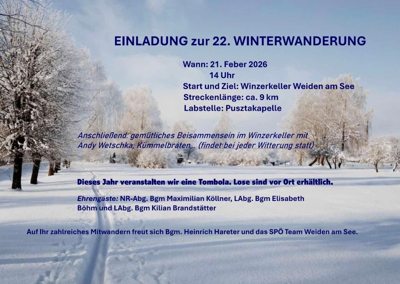 Poster for the 22nd Winter Hike, scheduled for February 21, 2026, starting at 2 PM. The hike will be approximately 9 km from the starting point in the Winterkeller to the destination. A raffle will be held, with prizes available on-site.