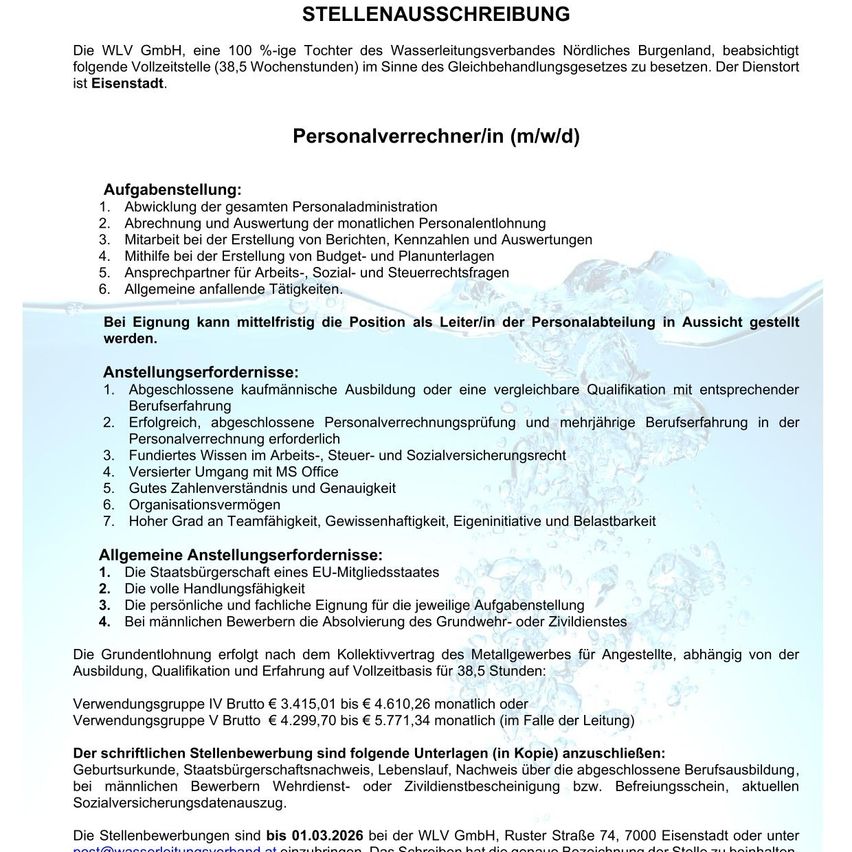 Job posting for a Personalverrechner at WLW GmbH, a 100% subsidiary of Wasserleitungsverband Nördliches Burgenland, with 38.5 working days. The position is in Eisenstadt. Tasks include managing personnel administration, payroll, reporting, budget setup, and social inquiries. Requirements include a completed vocational training, experience, and relevant law knowledge. Additional skills include team capability, knowledge, initiative, and reliability.