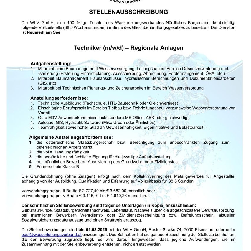 The document is a job advertisement for a technician position at a water supply company. It outlines job responsibilities, requirements, and conditions. The job requires experience in building management, technical drawing, hydraulic calculations, and documentation. The role involves working with regional water supply systems. The company offers a salary based on collective agreements.