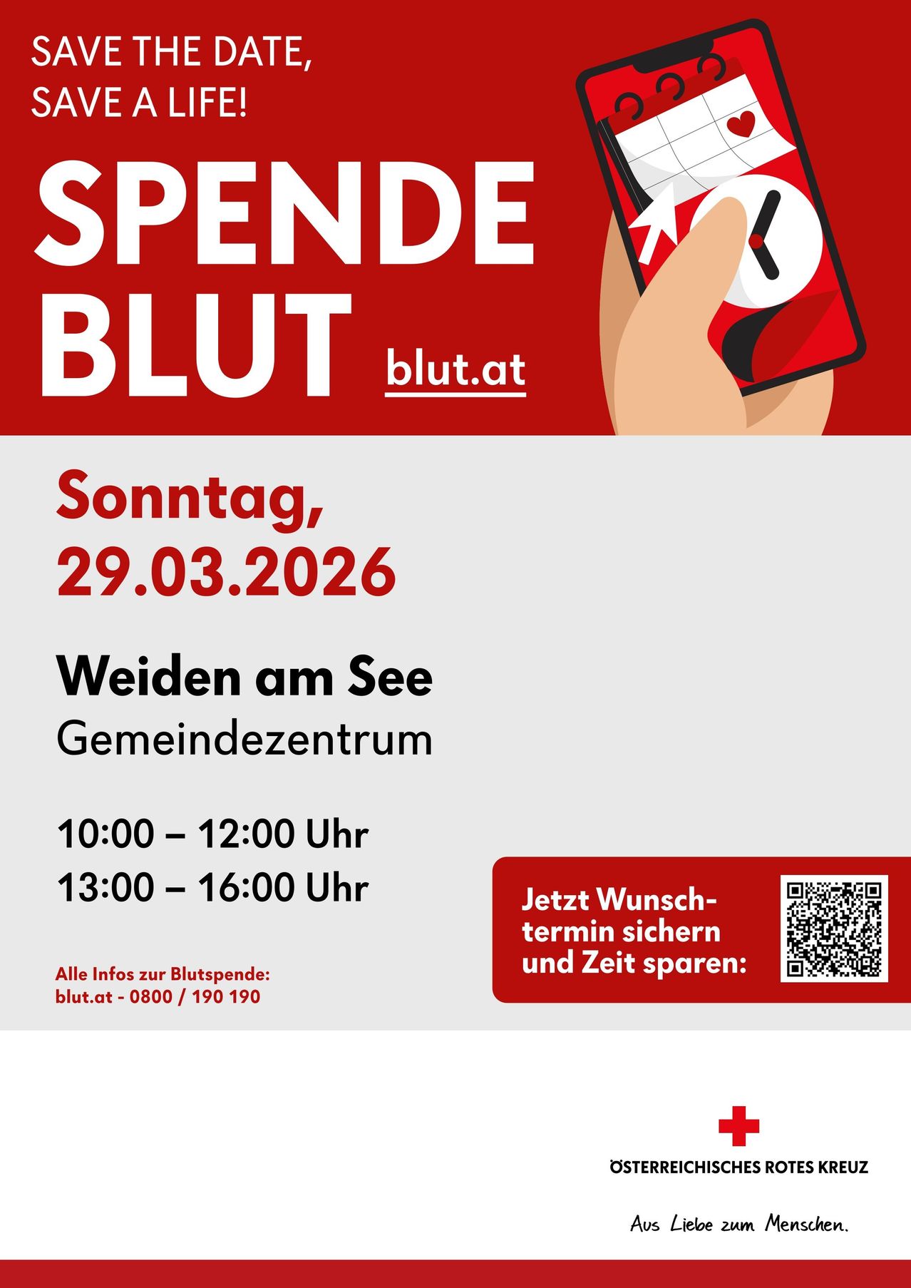 Eine Werbung für eine Blutspende-Veranstaltung am 29.03.2026 im Gemeindezentrum. Zeiten sind 10:00-12:00 und 13:00-16:00. QR-Code für Terminbuchung.