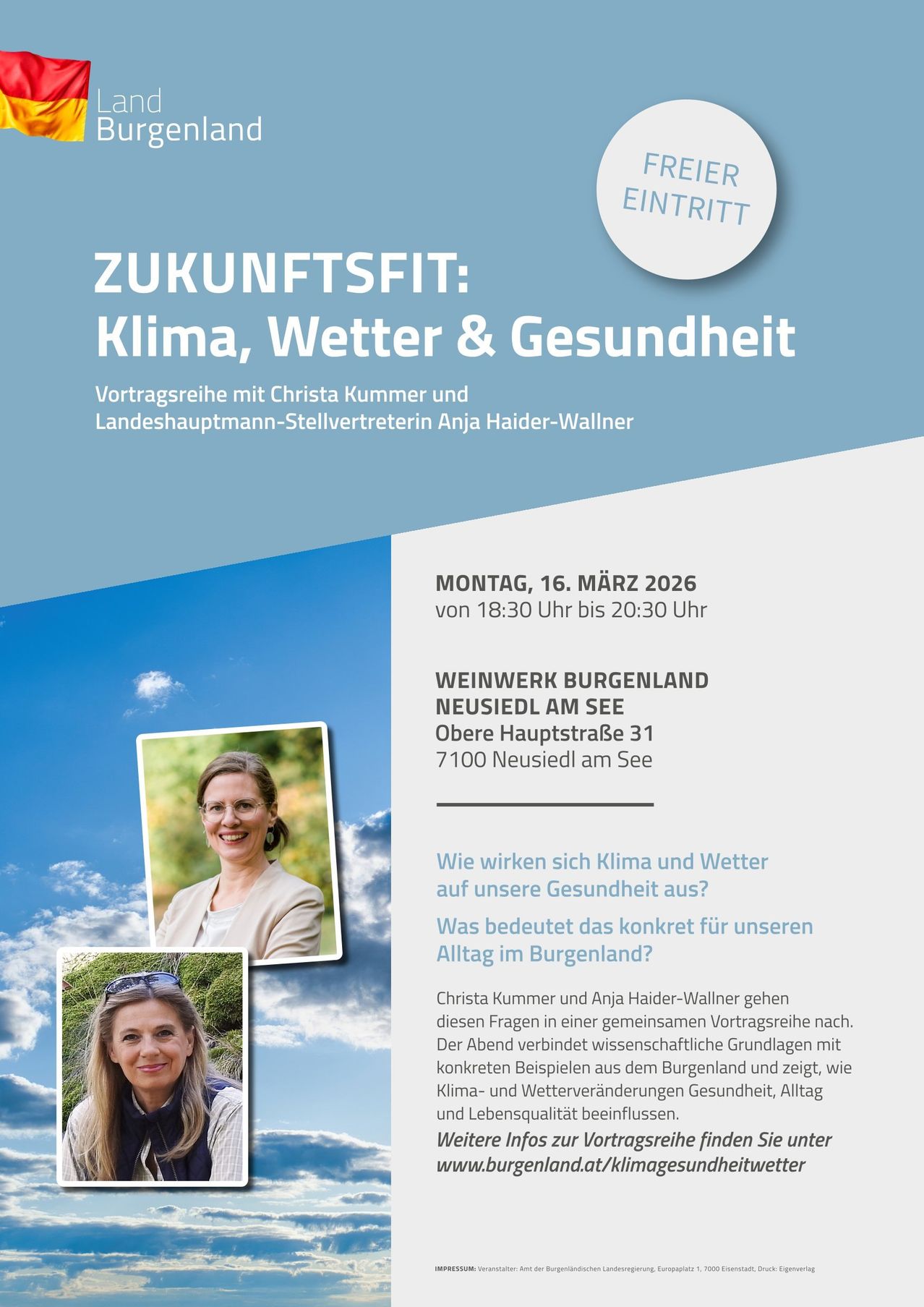 Poster for a lecture series on climate, weather, and health with speakers Christa Kummer and Anja Haider-Wallner. Dated for March 16, 2026, at Weinwerk Burgenland in Neusiedl am See.