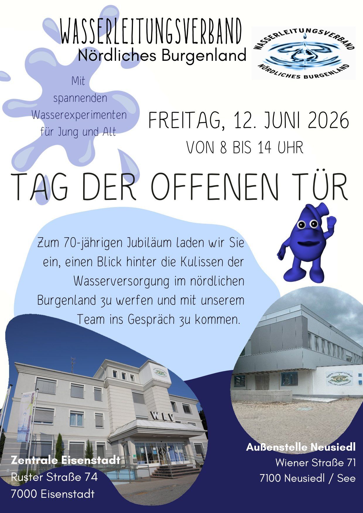 Poster for the 'Open Door Day' on June 12, 2026, featuring engaging water experiments for all ages. The event showcases the water supply in northern Burgenland, inviting visitors to engage with the team.