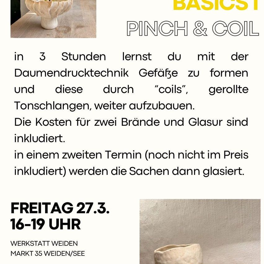 Workshop zur Daumendrucktechnik. Erlernen Sie die Formgebung von Ton mit Daumendruck. Erweitern Sie Objekte mit gerollten Tonschalen. Die Kosten für zwei Brennvorgänge und Glasuren sind inbegriffen.