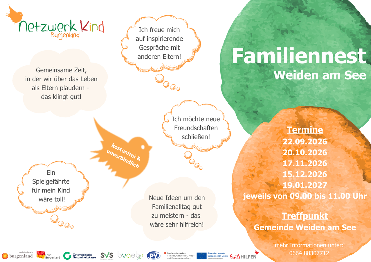 Plakat für eine kostenlose Familienveranstaltung in Weiden, mit einem Vogel, einer Sprechblase und verschiedenen Terminen und Zeiten. Das Plakat ist farbenfroh und enthält Logos von Sponsoren.
