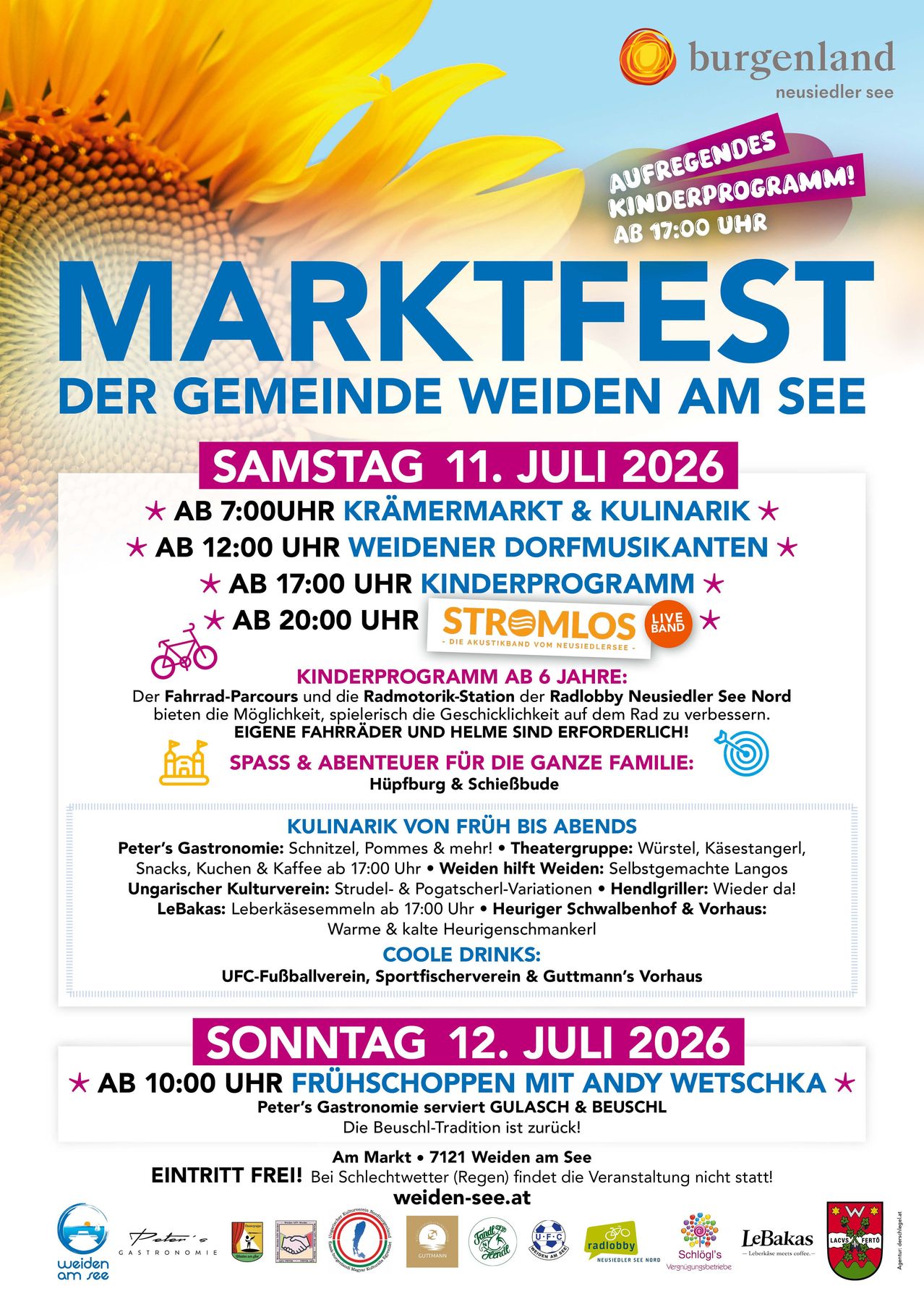 Market festival announcement for the community of Weiden am See. Events include a farmers market, culinary festival, local musicians, children's program, and live music. Activities range from bike trails to a culinary experience with various food and drink options.