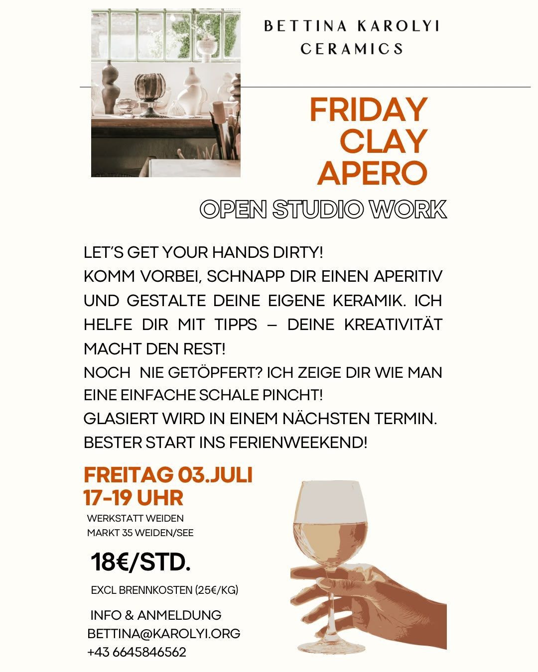 Freitag Clay Apero bietet offene Studioarbeit. Komm vorbei, schnapp dir einen Aperitif und gestalte deine eigene Keramik. Ich helfe dir mit Tipps - deine Kreativität macht den Rest! Noch nicht geöffnet? Ich zeige dir, wie man eine einfache Schale pincht! Glasiert wird in einem nächsten Termin. Besser Start ins Ferienwochenende!