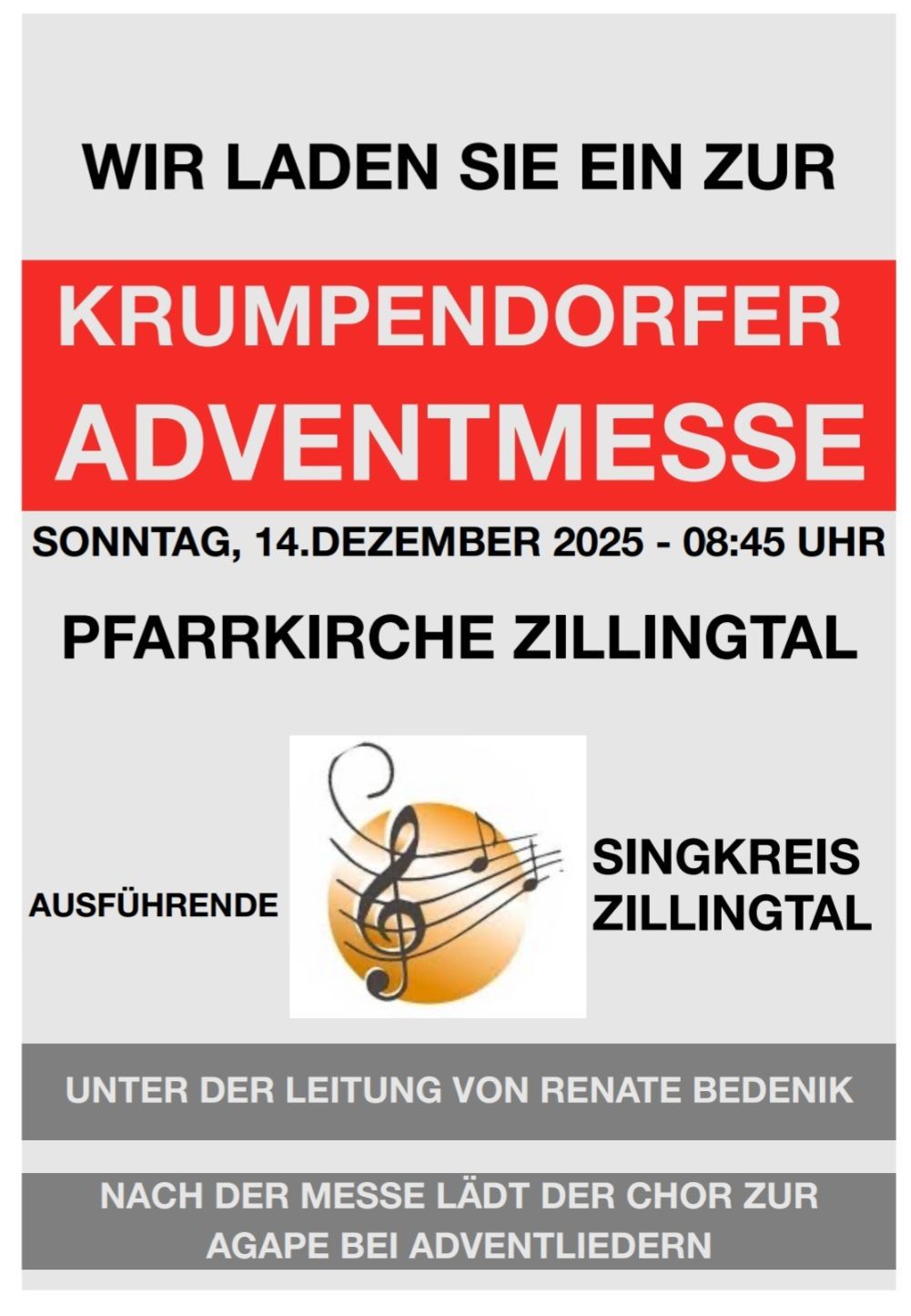Plakat für die Adventmesse in Krumpendorffer, geplant für Sonntag, 14. Dezember 2025, um 8:45 Uhr. Die Veranstaltung findet in der Pfarrkirche Zillingtal statt. Sie wird vom Singkreis Zillingtal unter der Leitung von Renate Bedenik organisiert.