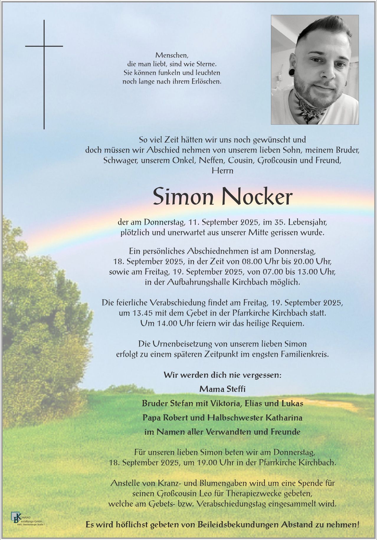 Eine Gedenkanzeige für Simon Nocker, der am 11. September 2025 unerwartet verstarb. Besuch und Abschiede sind am 18. und 19. September 2025 geplant. Die Beerdigung findet am 19. September 2025 statt.
