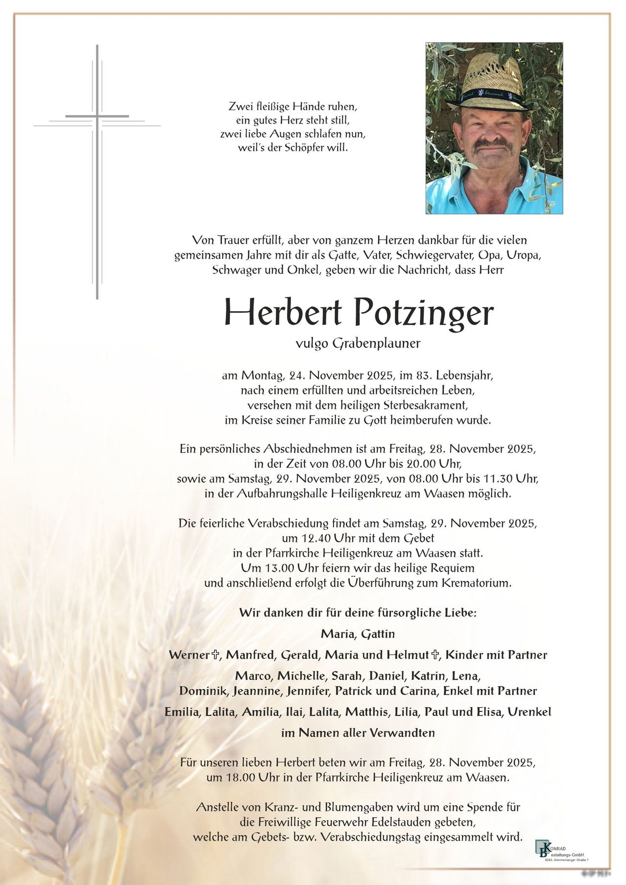 Das Bild zeigt eine Todesanzeige für Herbert Potzinger, einen Bestatter, der am 24. November 2025 im Alter von 83 Jahren verstarb. Die Anzeige enthält Details zu seinen Beerdigungsfeierlichkeiten und der Kremation.