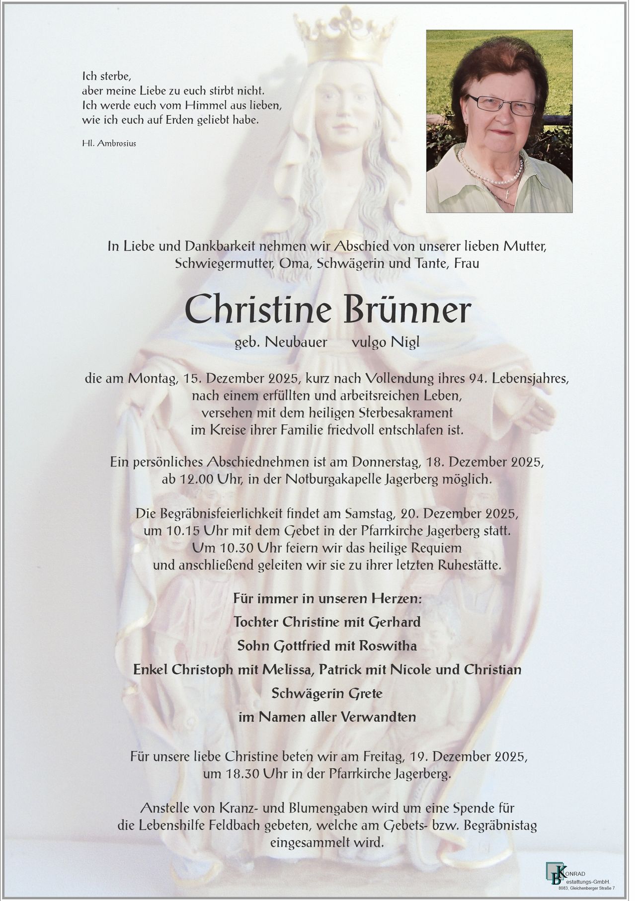 Ein Gedenkzettel für Christine Brunner, die im Alter von 94 Jahren verstorben ist. Familienabschied am 18. Dezember 2025, um 12:00 Uhr. Beerdigung am 20. Dezember 2025, um 10:15 Uhr. Die Familie versammelt sich für ein heiliges Requiem.