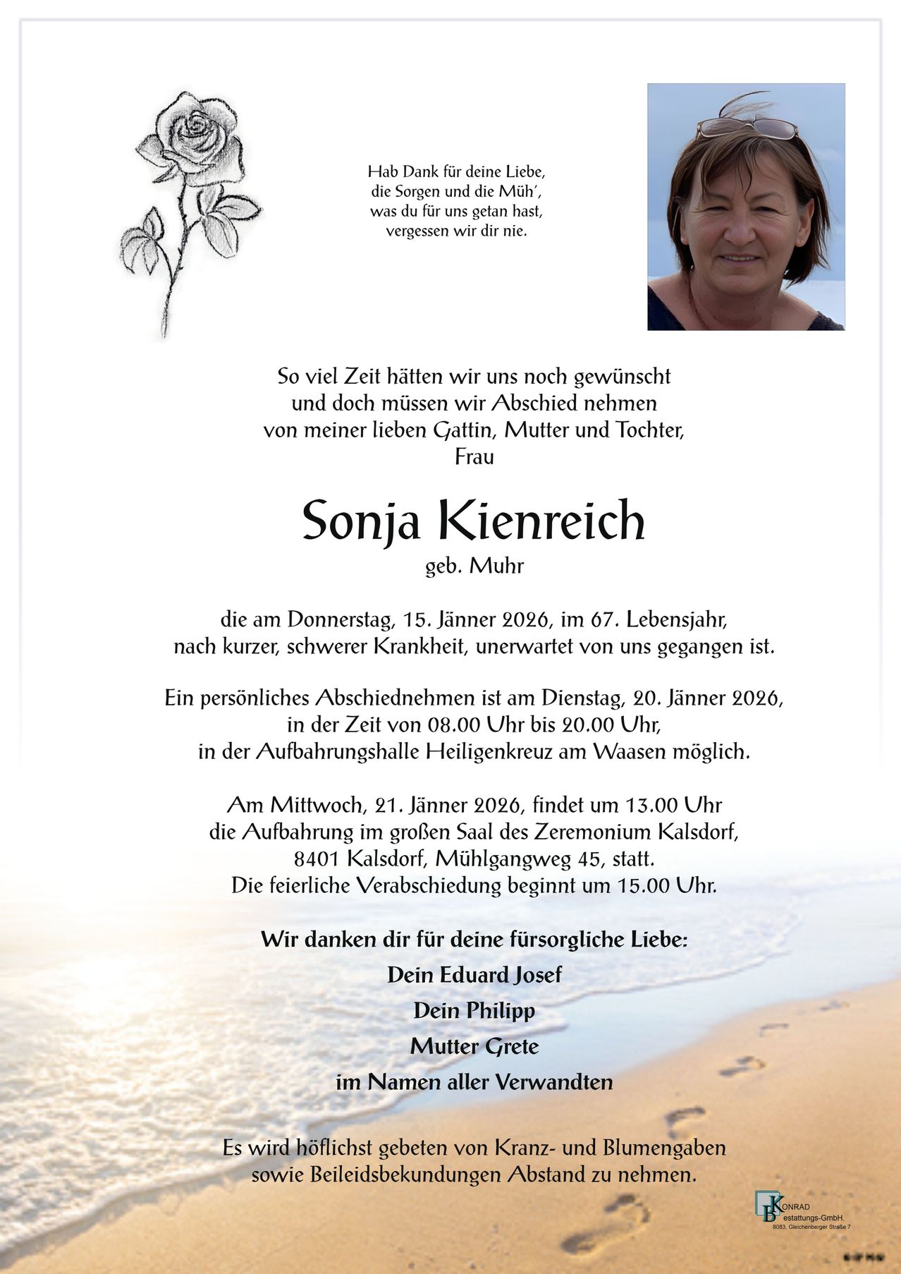 A memorial poster for Sonja Kienreich, born in Muhr, who passed away on January 15, 2026, at age 67. The farewell is scheduled for January 20, 2026, from 8:00 AM to 8:00 PM at the Heiligkreuz Aufbahrungshalle in Waasen. A ceremony will take place on January 21, 2026, at 1:00 PM in Kalsdorf. The family will say their final goodbyes at 3:00 PM.