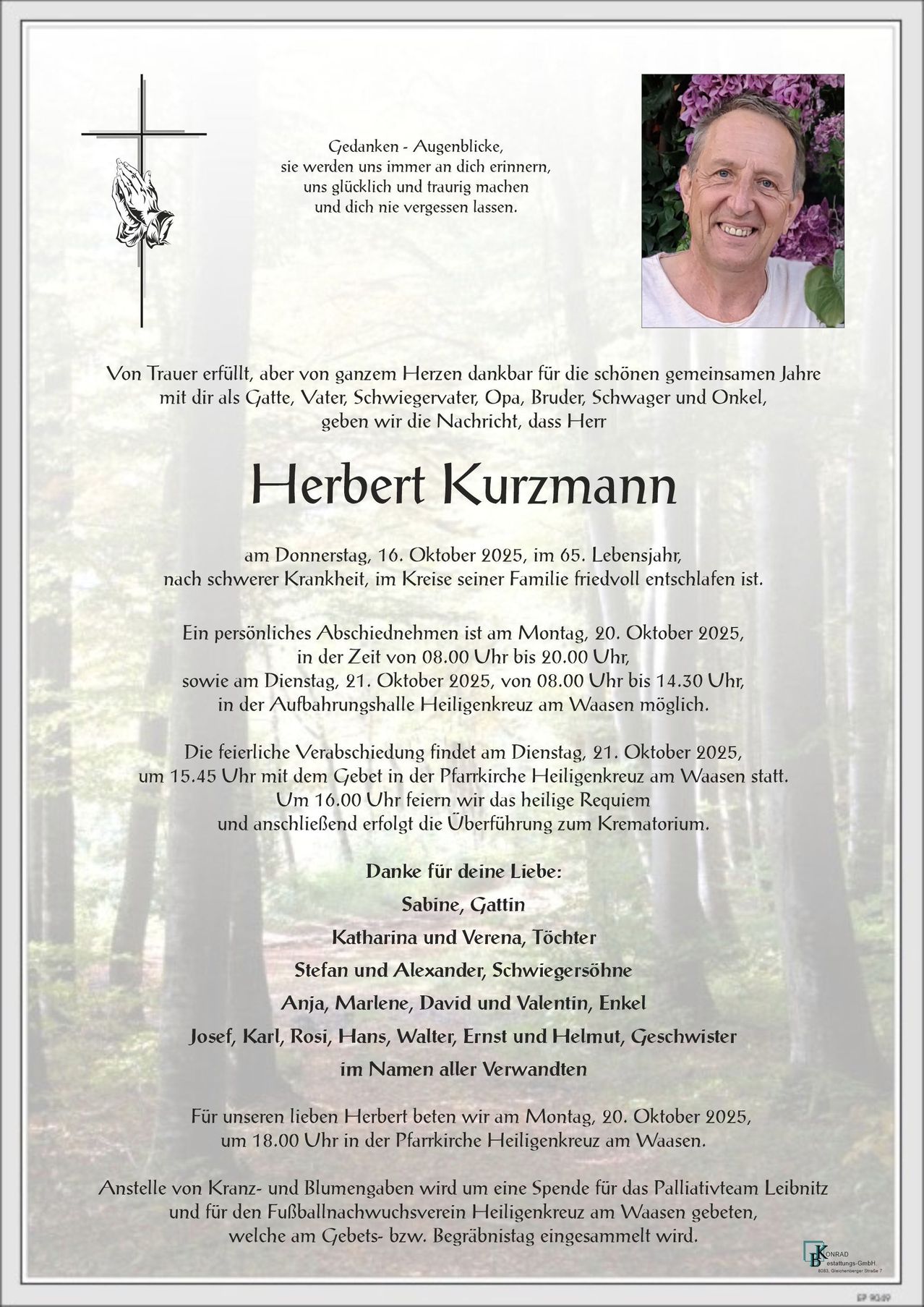 Todesanzeige für Herbert Kurzmann, der am 16. Oktober 2025 verstarb. Persönliche Abschiede und Beerdigungsdetails werden angegeben, einschließlich einer Gedenkfeier und einer Messe.