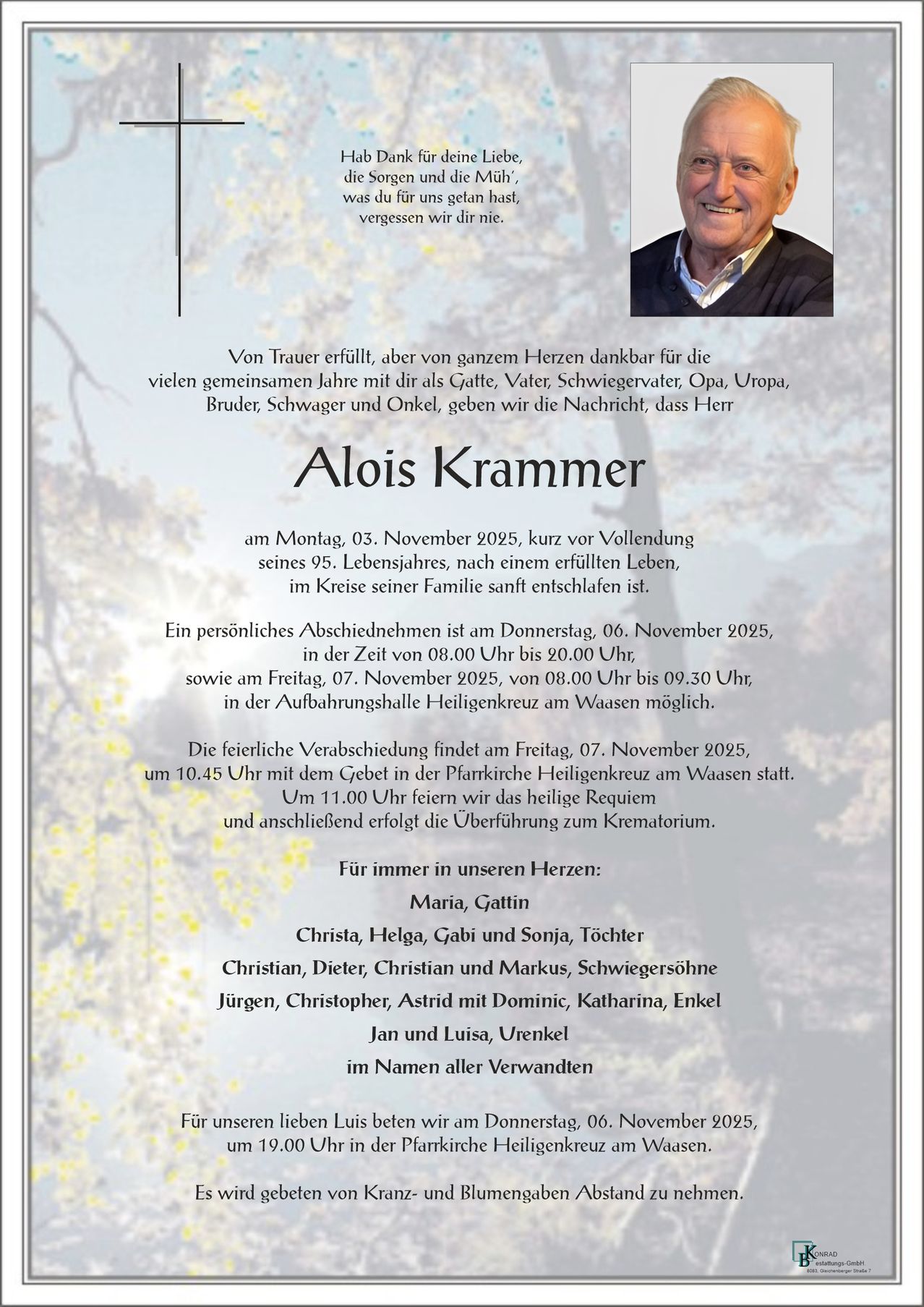 Das Bild zeigt eine Todesanzeige für Alois Krammer. Er verstarb im Alter von 95 Jahren. Die Anzeige enthält Details über den persönlichen Abschied, die Trauerfeier und die teilnehmenden Familienmitglieder.