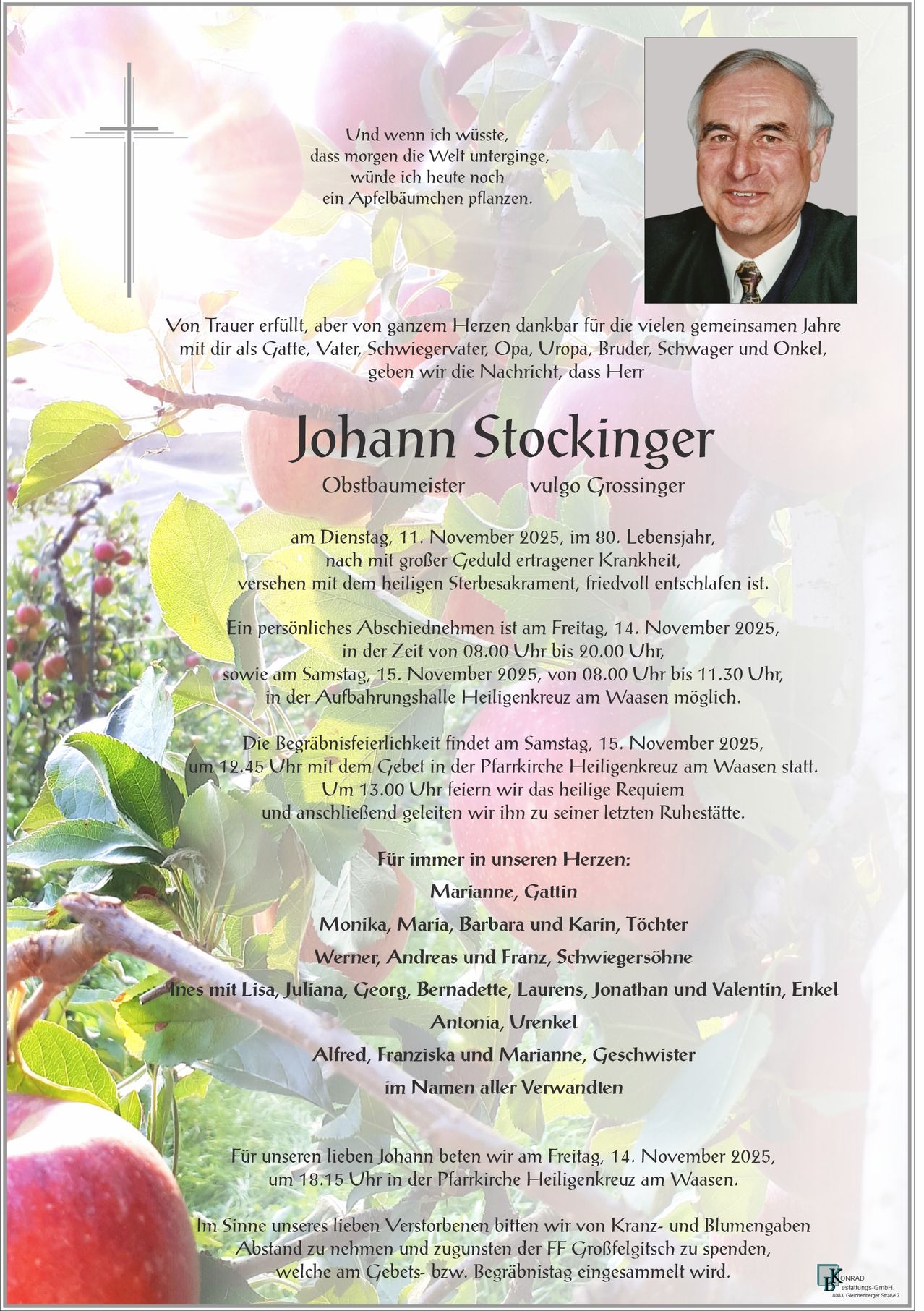 An obituary announces the passing of Johann Stockinger, aged 80, with a farewell service on November 15, 2025. Family and friends are invited to pay their respects.