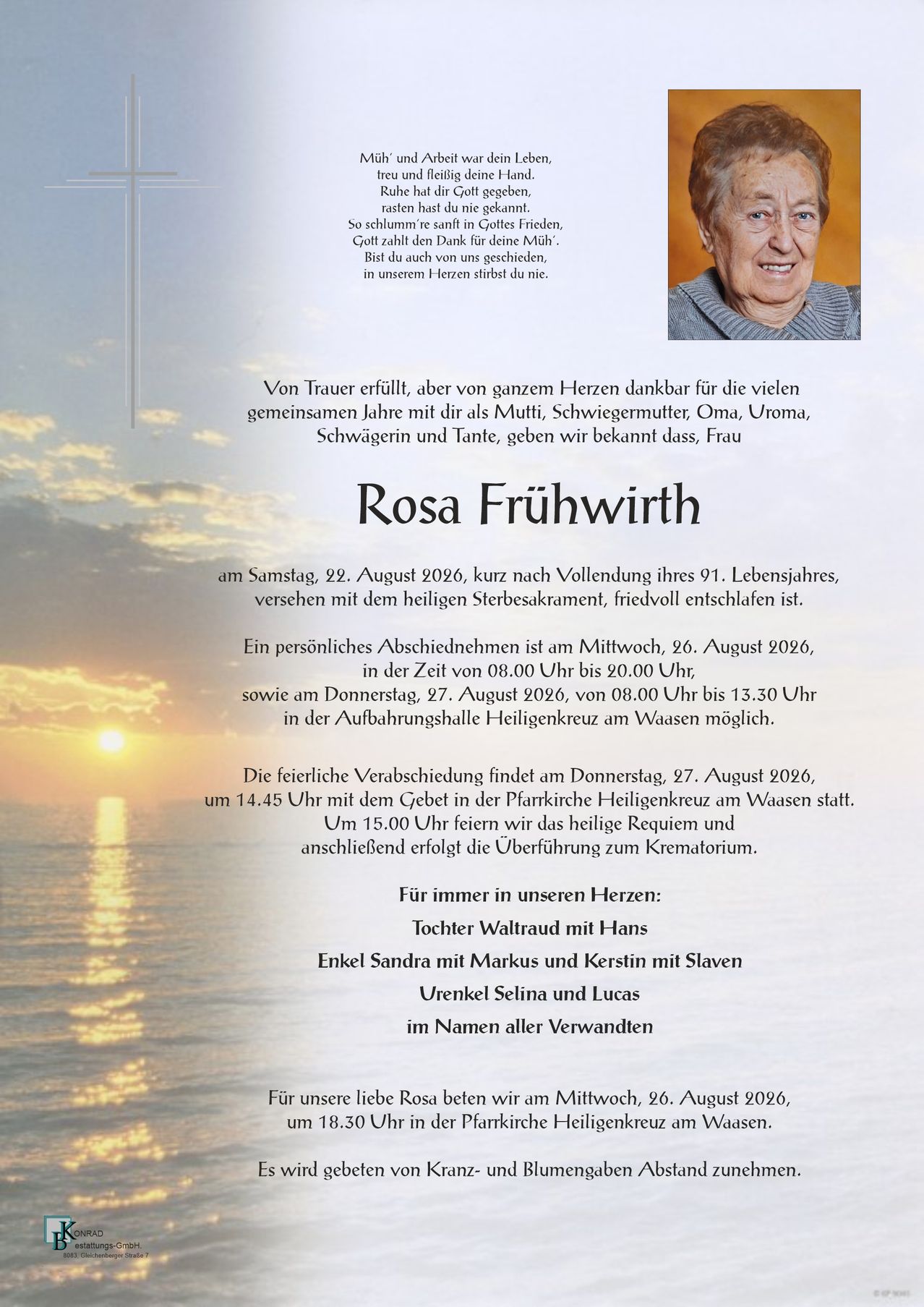 Ein Nachruf für Rosa Frühwirth, die im Alter von 91 Jahren verstarb. Der Text enthält Details über ihren Tod, Verabschiedungszeiten und eine Liste ihrer Familienmitglieder.