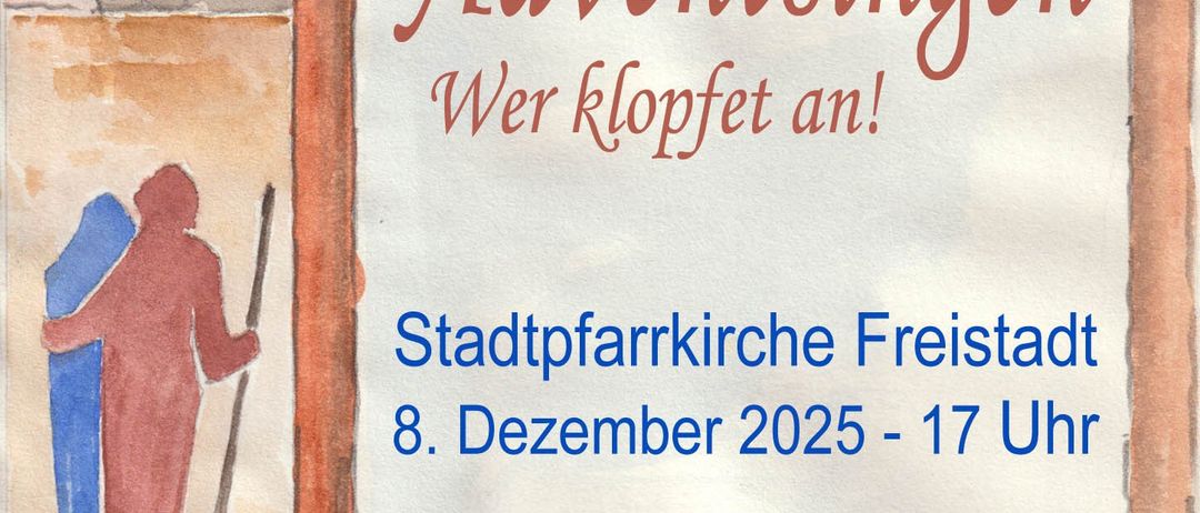 Plakat für Adventsingen-Veranstaltung. Zeigt eine Figur mit einem Stab und einer blauen Tür. Text lautet 'Advent singen, Wer klopfet an!' Veranstaltungsdetails umfassen Datum, Uhrzeit und Ort.