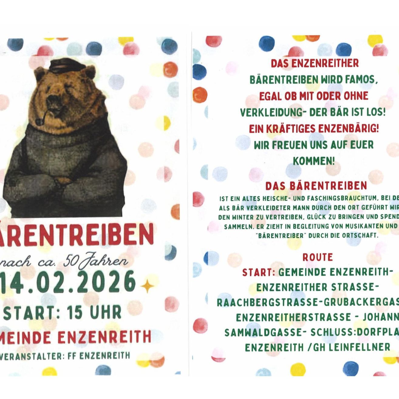 Poster mit einem gezeichneten Bären in Pfeife und Anzug. Der Text lautet 'Bärenreiten wird berühmt' und weitere Phrasen. Die Veranstaltung ist am 14.02.2026, Beginn um 15 Uhr.