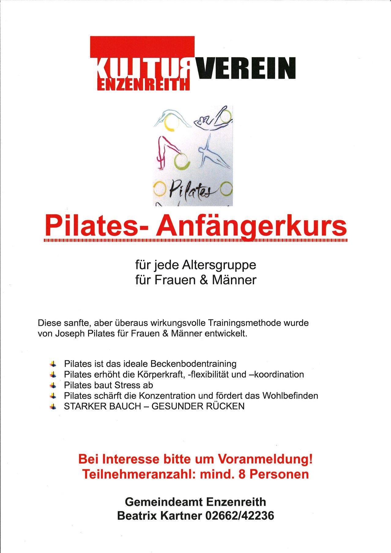 Werbung für einen Pilates-Anfängerkurs für alle Altersgruppen und Geschlechter. Entwickelt von Joseph Pilates. Verbessert Kernkraft, Flexibilität, Koordination, reduziert Stress, stärkt den Bauch und verbessert die Haltung. Kontakt zur Anmeldung.