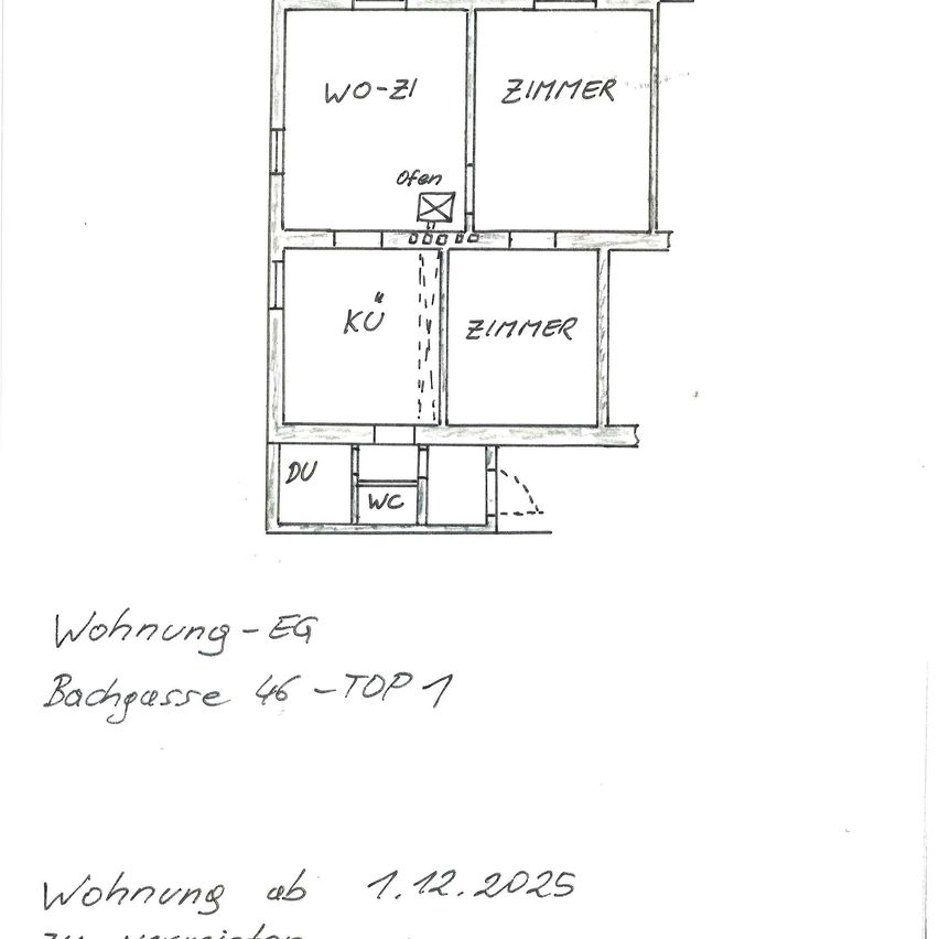 Ein Grundriss einer Wohnung im Erdgeschoss, beschriftet als 'Wohnung - EG'. Es enthält Räume wie 'WZ', 'ZIMMER', 'KU' und 'DU'. Die Wohnung befindet sich in der 'Badgasse 46 - TOP 1' und ist ab dem '1.12.2025' verfügbar.