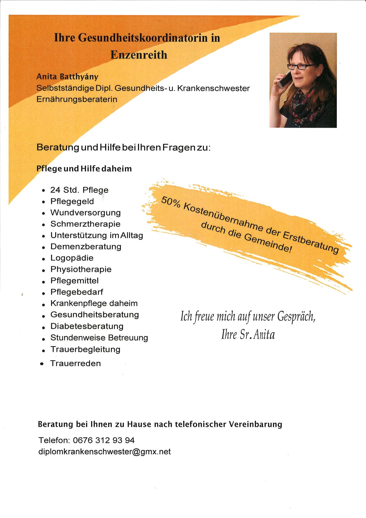 Anita Battányi, selbstständige Dipl. Gesundheits- und Krankenschwester, bietet Pflege und Unterstützung zu Hause, einschließlich Krankenpflege, Wundversorgung, Schmerztherapie und mehr. Leistungen umfassen 24-Stunden-Pflege, Gesundheits- und Diabetesberatung sowie Trauerbegleitung. Kontaktieren Sie telefonisch für Hausbesuche.