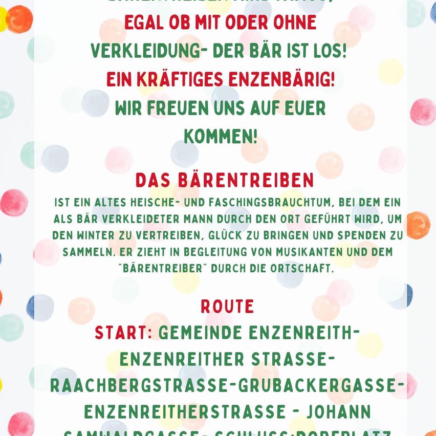 Advertisement for a parade featuring a man dressed as a bear. It starts at Gemeinde Enzenreith and follows Enzenreith Strasse, Rauchbergstrasse, Grubackergasse, Enzenreithstrasse, and Johann Samwaldgasse to Marktplatz.