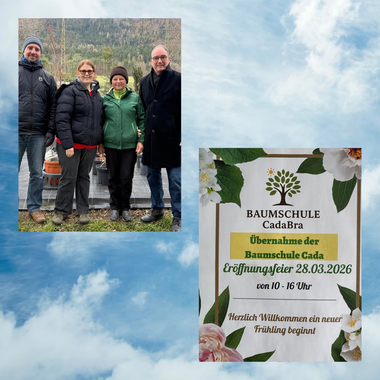 A photo collage shows four people in winter attire standing against a scenic backdrop. Adjacent is a poster for an event at Baumschule CadaBra, scheduled for March 28, 2026.