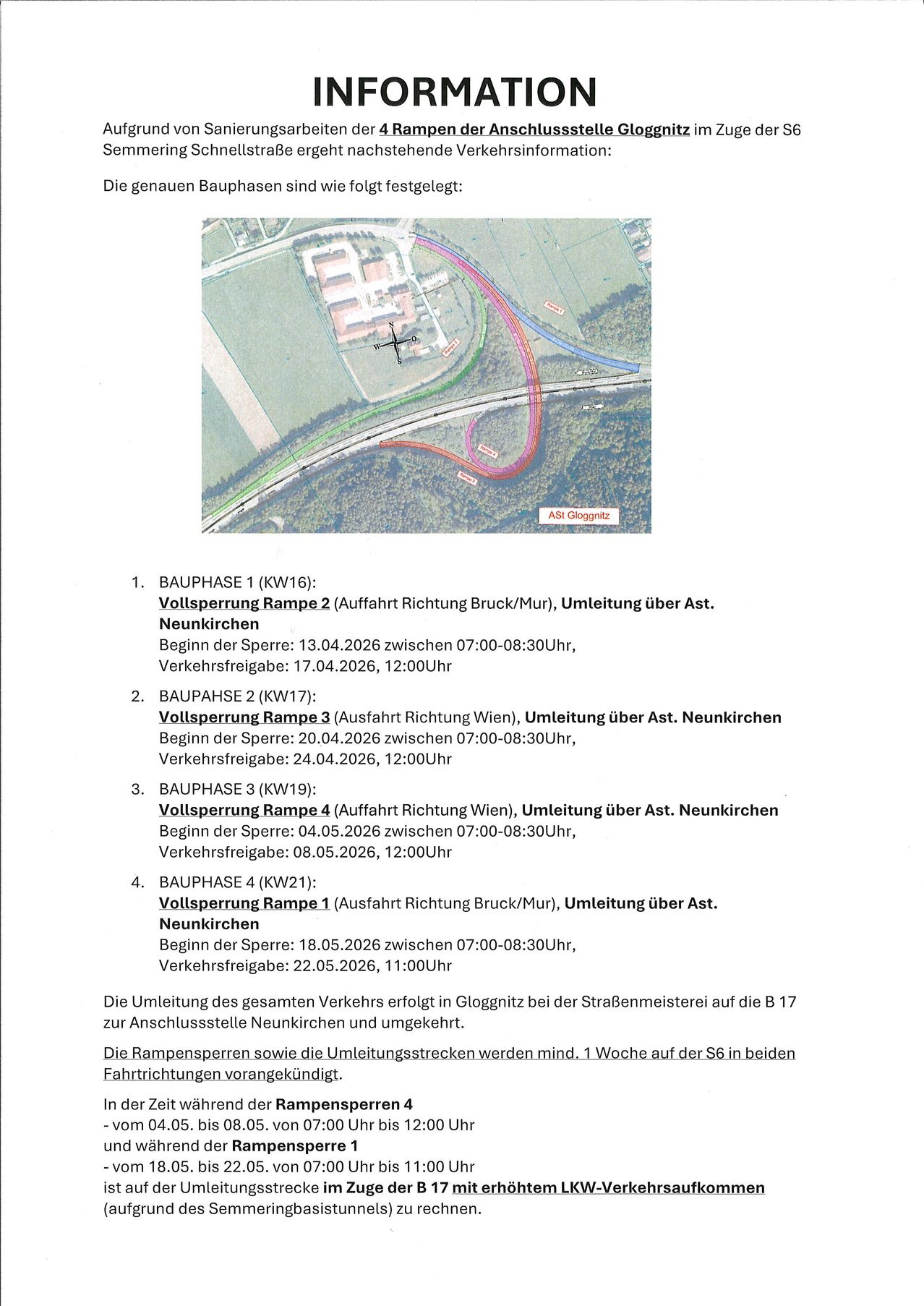 An aerial image shows a construction site with labeled phases 1-4 and detour routes. Details include ramp numbers, traffic restrictions, and start times. Phases 1-4 have different starting and ending dates and times. The construction affects the B 17 near Neunkirchen. Phase 4 starts on 18.05.2026.