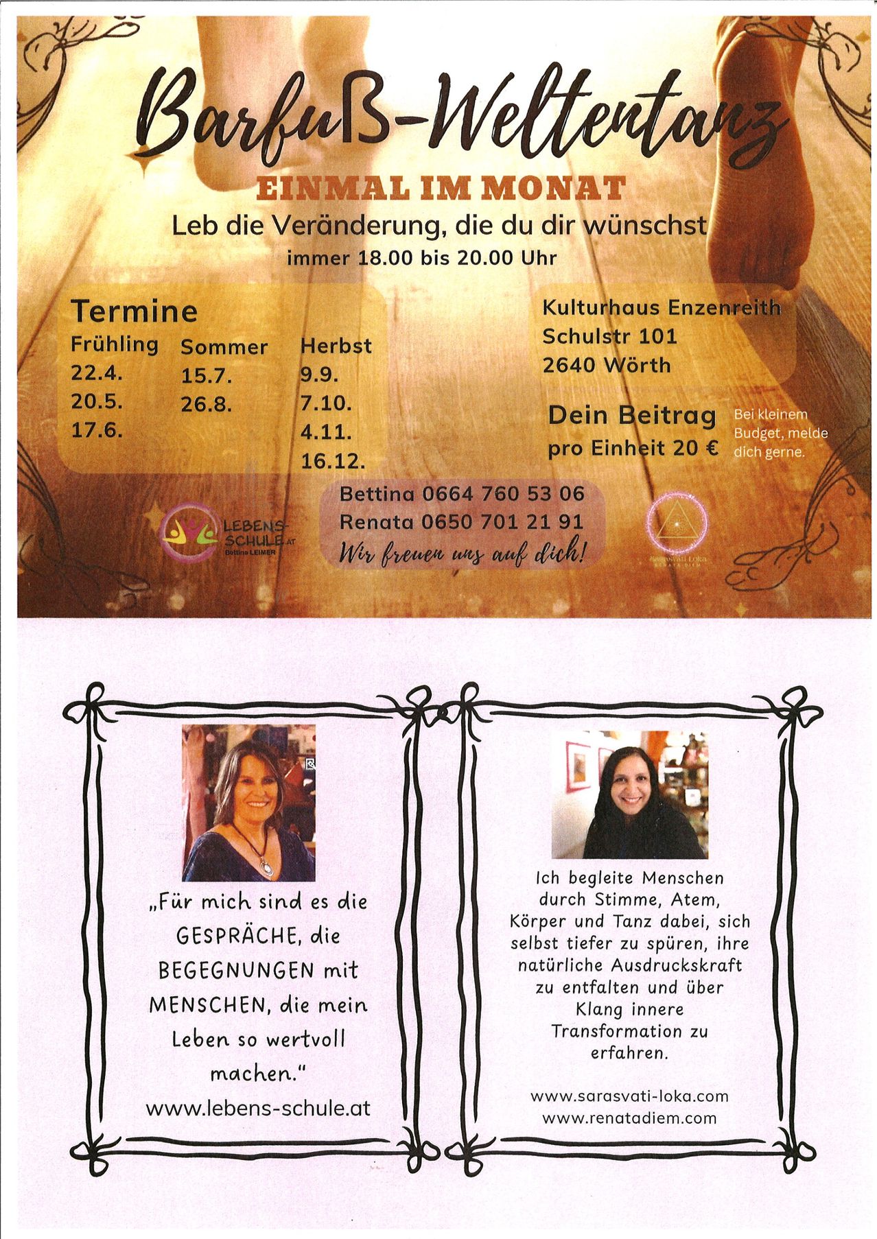 A flyer for a monthly event at Kulturhaus Enzenreith Schulstr 101, 2640 Worth. Dates include April 22, May 20, June 17, and September 9, 10, November 4, and December 16. Contact Bettina or Renata for more information.