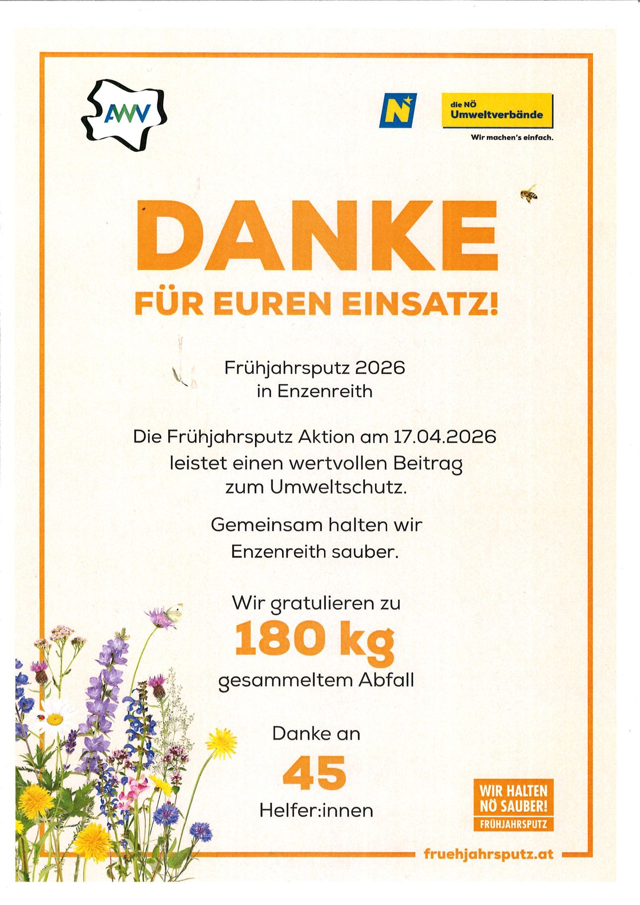 A poster thanking for participation in a spring clean-up event in Enzenreith. The event took place on April 17, 2026, contributing to environmental protection. A total of 180 kg of waste was collected.