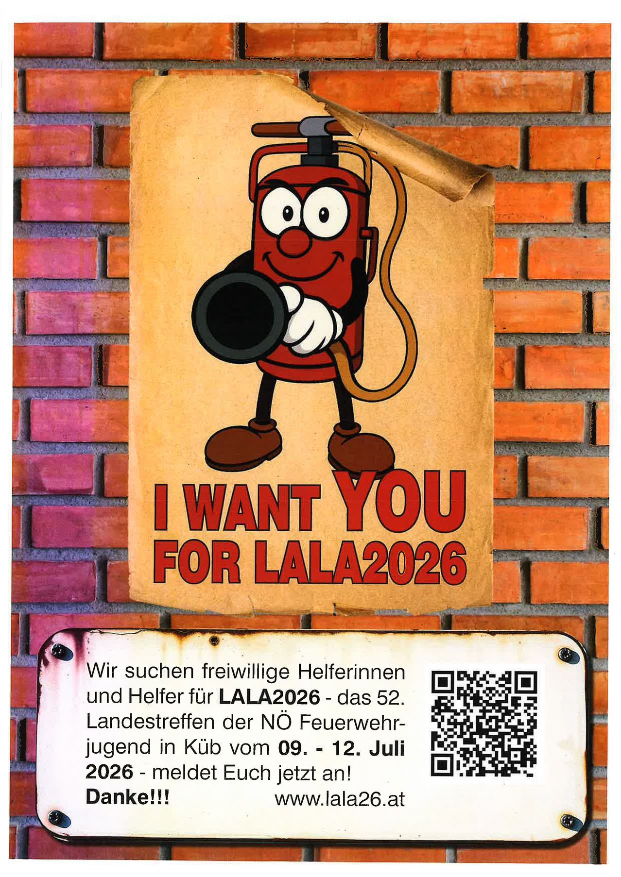 Ein Plakat mit einem Feuerwehrmann-Charakter, der Freiwillige für LALA2026 rekrutiert. Darunter befindet sich ein QR-Code.