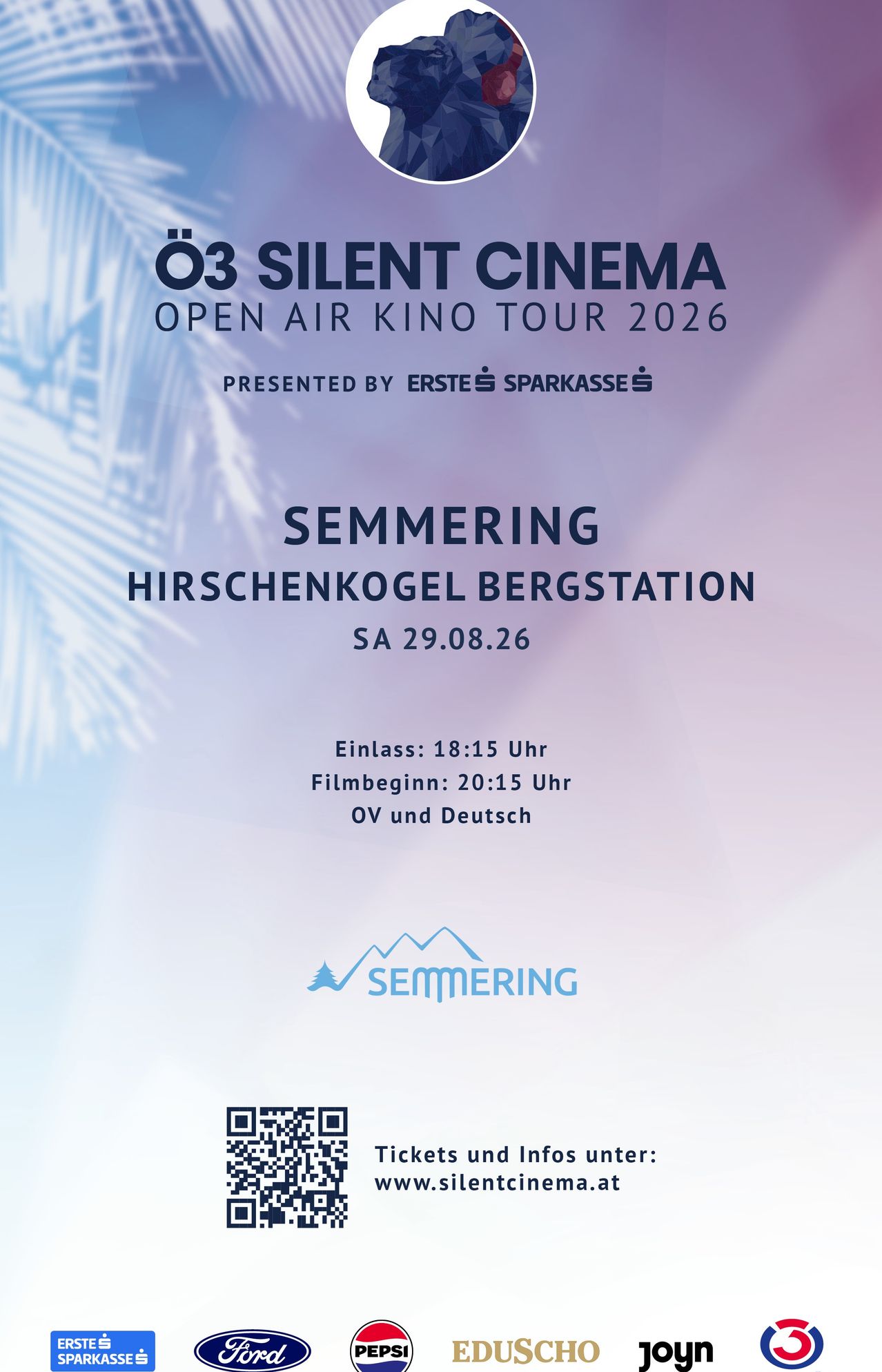 Plakat für die Open Air Silent Cinema Tour 2026, mit einer Filmvorführung am Hirschenkogel Bergstation am 29. August 2026, präsentiert von Erste Sparkasse.