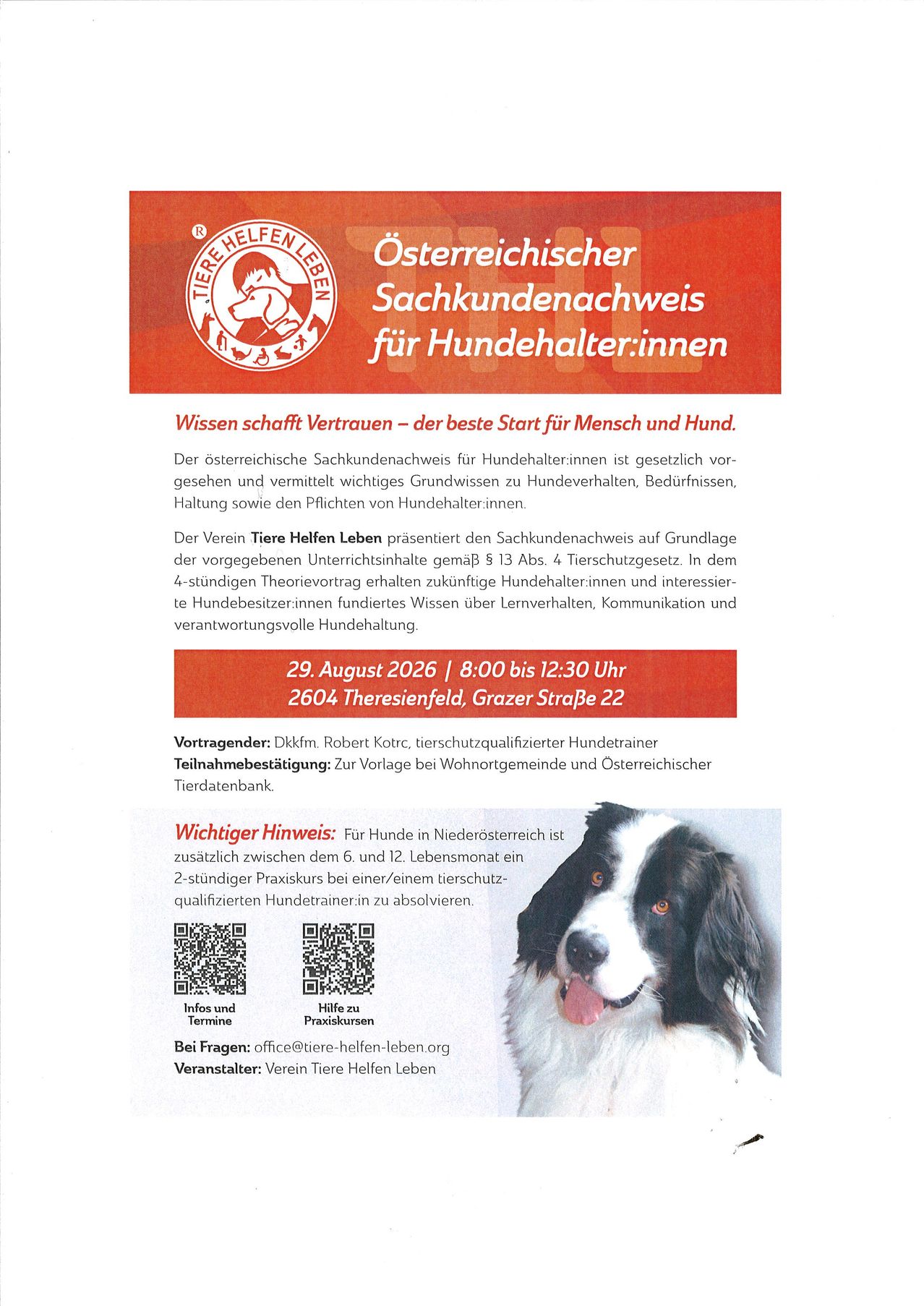 Plakat für den österreichischen Sachkundenachweis für Hundehalterinnen. Es zeigt einen Hund, Veranstaltungsdetails und Kontaktinformationen. Die Veranstaltung wird von Tiere Helfen Leben präsentiert.