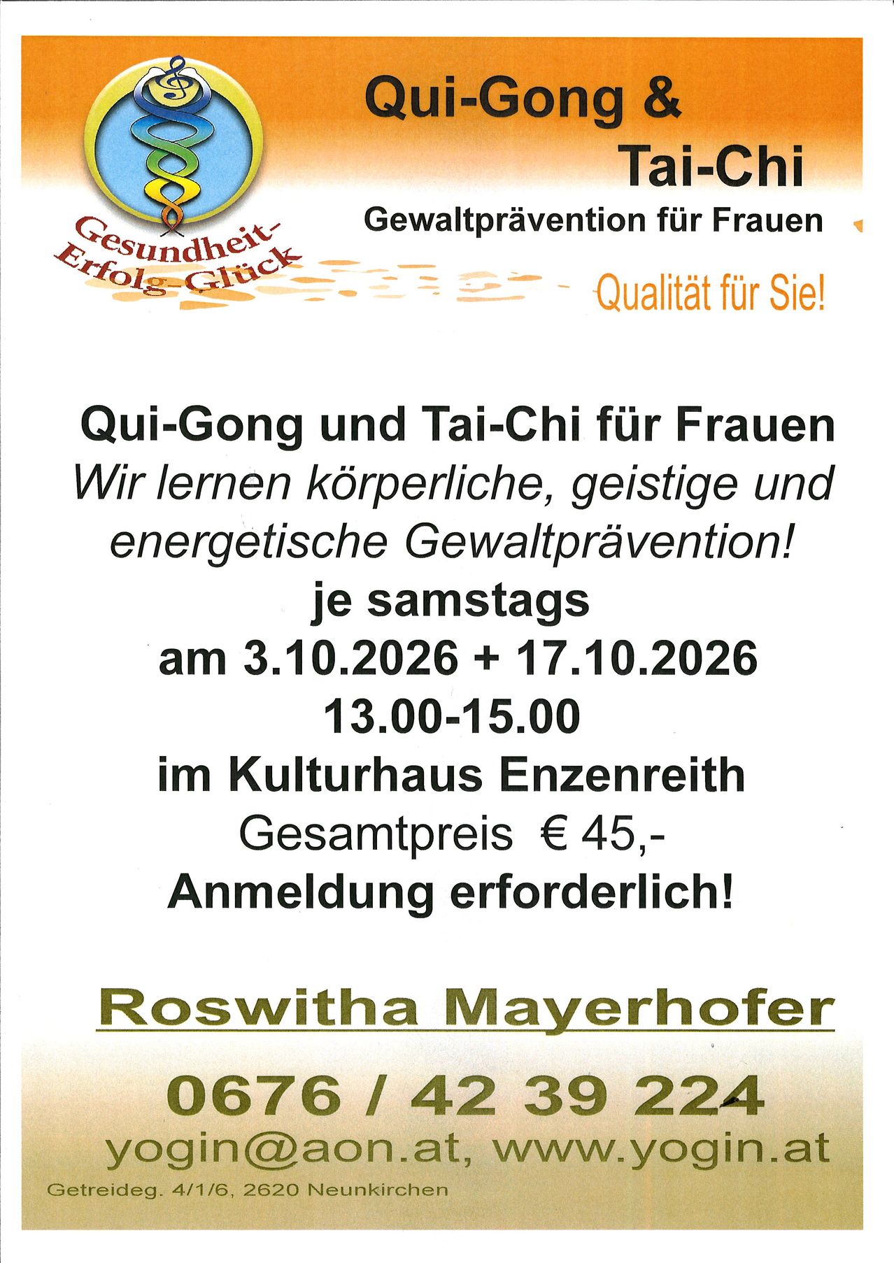 Plakat für Frauen-Selbstverteidigungskurse mit Qi-Gong und Tai-Chi an bestimmten Terminen. Anmeldung erforderlich.