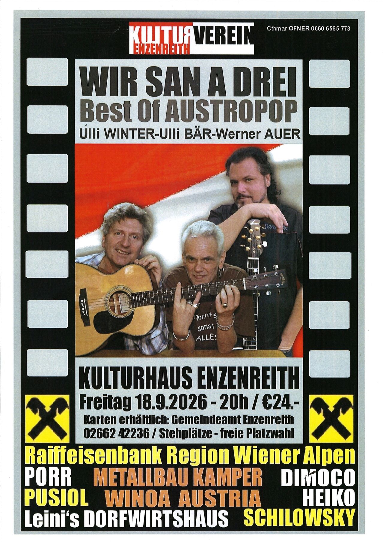 Plakat für eine Musikveranstaltung mit drei Männern, die Gitarre spielen. Der Titel lautet 'Wir San a Drei Best of Austropop'. Die Veranstaltung ist für Freitag, den 18. September 2026, um 20:00 Uhr geplant.