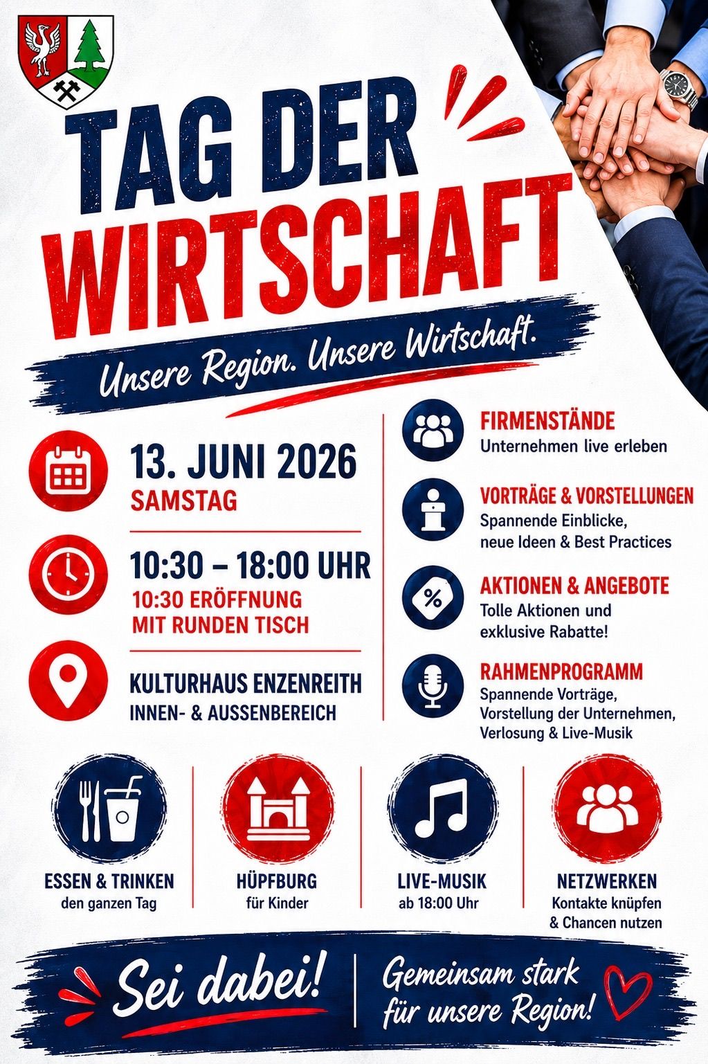 Plakat für 'Tag Wirtschaft' Veranstaltung. Datum: 13. Juni 2026, Samstag. Zeit: 10:30 - 18:00 Uhr. Features: Eröffnung mit einem runden Tisch, Vorträge, neue Ideen, exklusive Rabatte, Live-Musik, Netzwerken und Essen.