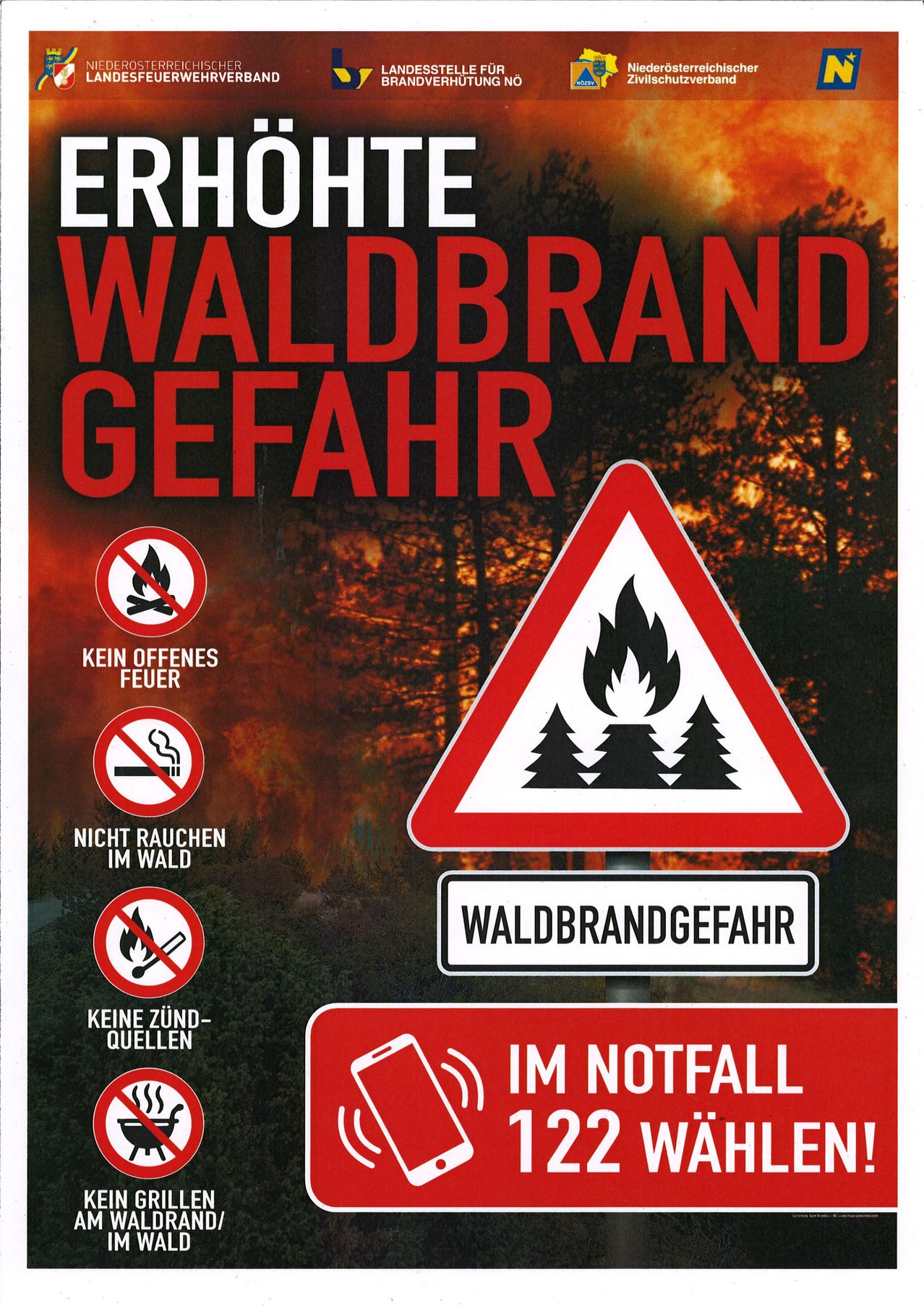 A warning sign for forest fire danger in German with several prohibition signs around it, including no open fires, no smoking in the forest, and no sources of ignition.