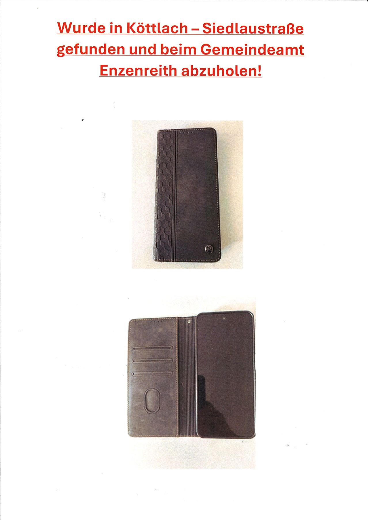 A brown leather wallet with a honeycomb pattern on the cover and a card slot on the left. The wallet is open to reveal a phone holder on the right.