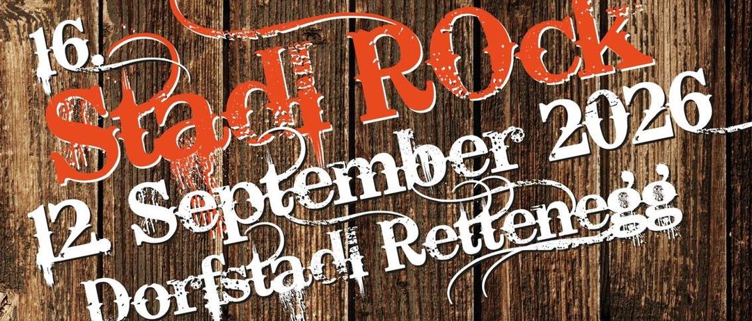 Poster for a rock event titled 'Stadt Rock 2026'. The event is scheduled for September 12th in Dorfstadt Retteness. The event starts at 7:30 PM with Duckrace and ends at 9:00 PM. The ticket price is 9.00 Euros.