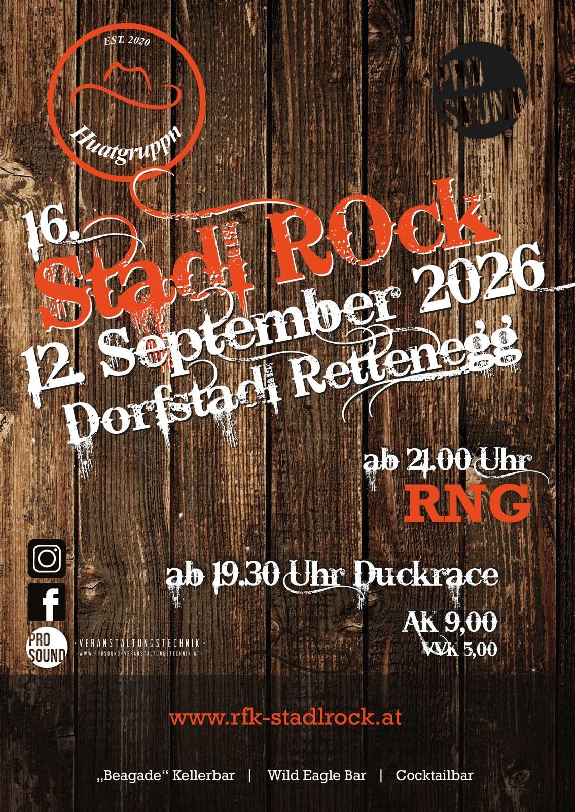 Plakat für das Stadt Rock Event am 12. September 2026 in Dorfstad Rettegg. Zeiten sind 19:30 Uhr und 9:00 Uhr. Ticketpreise sind 9 und 5 Euro.