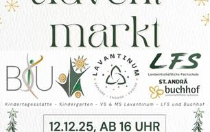 Plakat für den Adventmarkt im Kindergarten Lavantium. Die Veranstaltung findet am 12. Dezember 2025 ab 16 Uhr statt. Sie befindet sich im Klostergarten Lavantium, Wolzing 19, 9433 St. Andrä. Das Plakat enthält einen QR-Code für weitere Informationen.