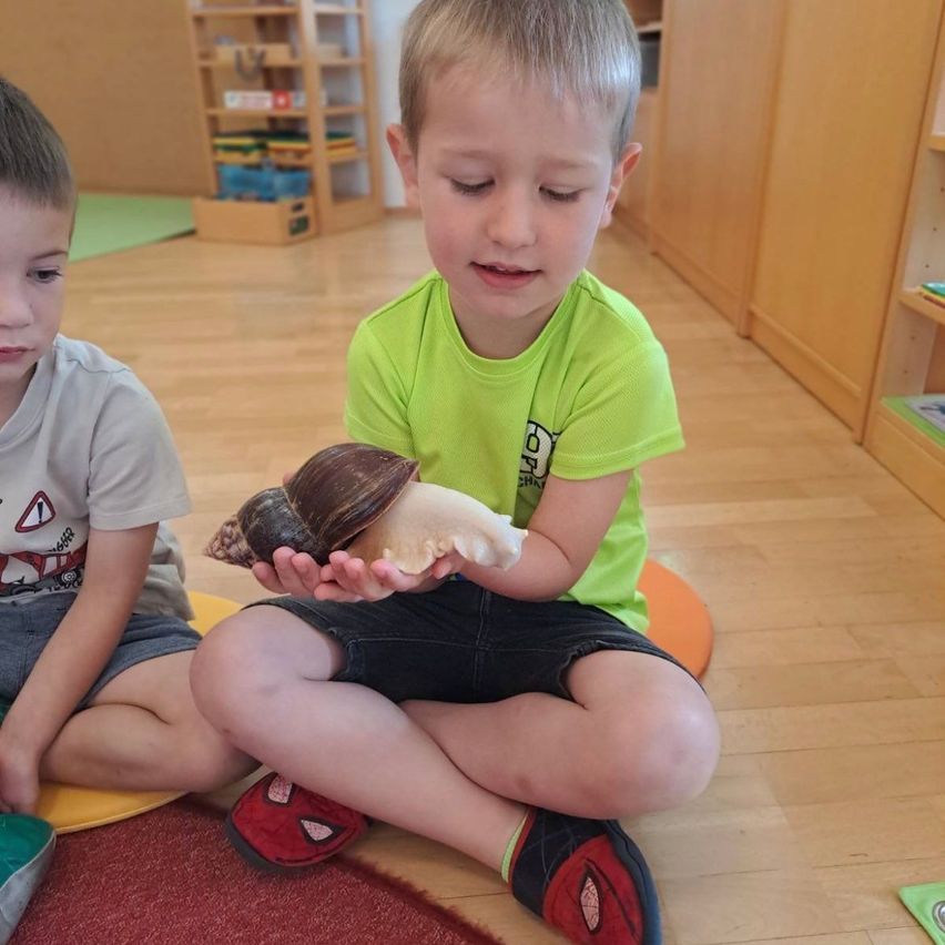 Zwei junge Jungen sitzen auf dem Boden. Der Junge auf der rechten Seite hält eine Schnecke und scheint sie genau zu untersuchen.