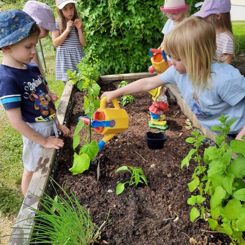 Kinder gießen Pflanzen in einem Gartenbeet, tragen Hüte und halten Gießkannen. Sie sind von Pflanzen und Erde umgeben.
