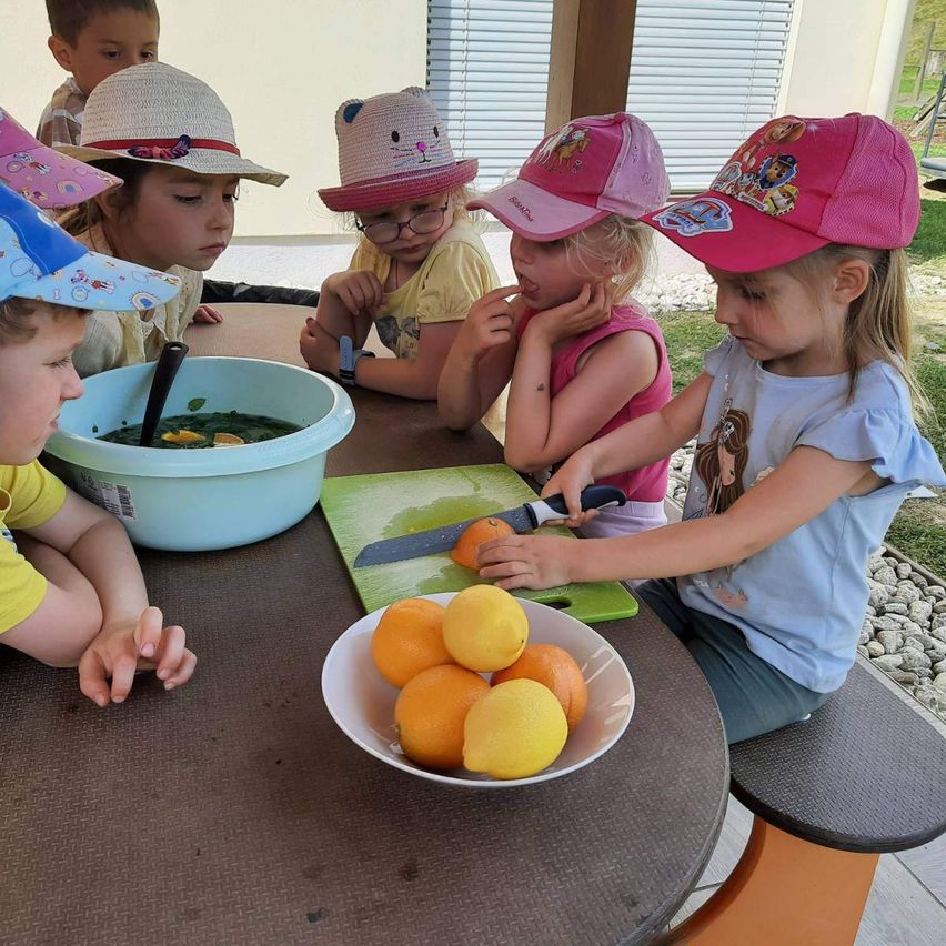 Mehrere Kinder sind um einen Tisch herum versammelt und beschäftigen sich mit einer Aktivität. Ein Kind schneidet Orangen, während die anderen zuschauen. Der Tisch ist mit einer Schüssel mit geschnittenen Orangen und einem Messer bestückt. Die Kinder tragen Mützen und einige haben eine Brille. Hinter ihnen befindet sich ein Grasbereich.