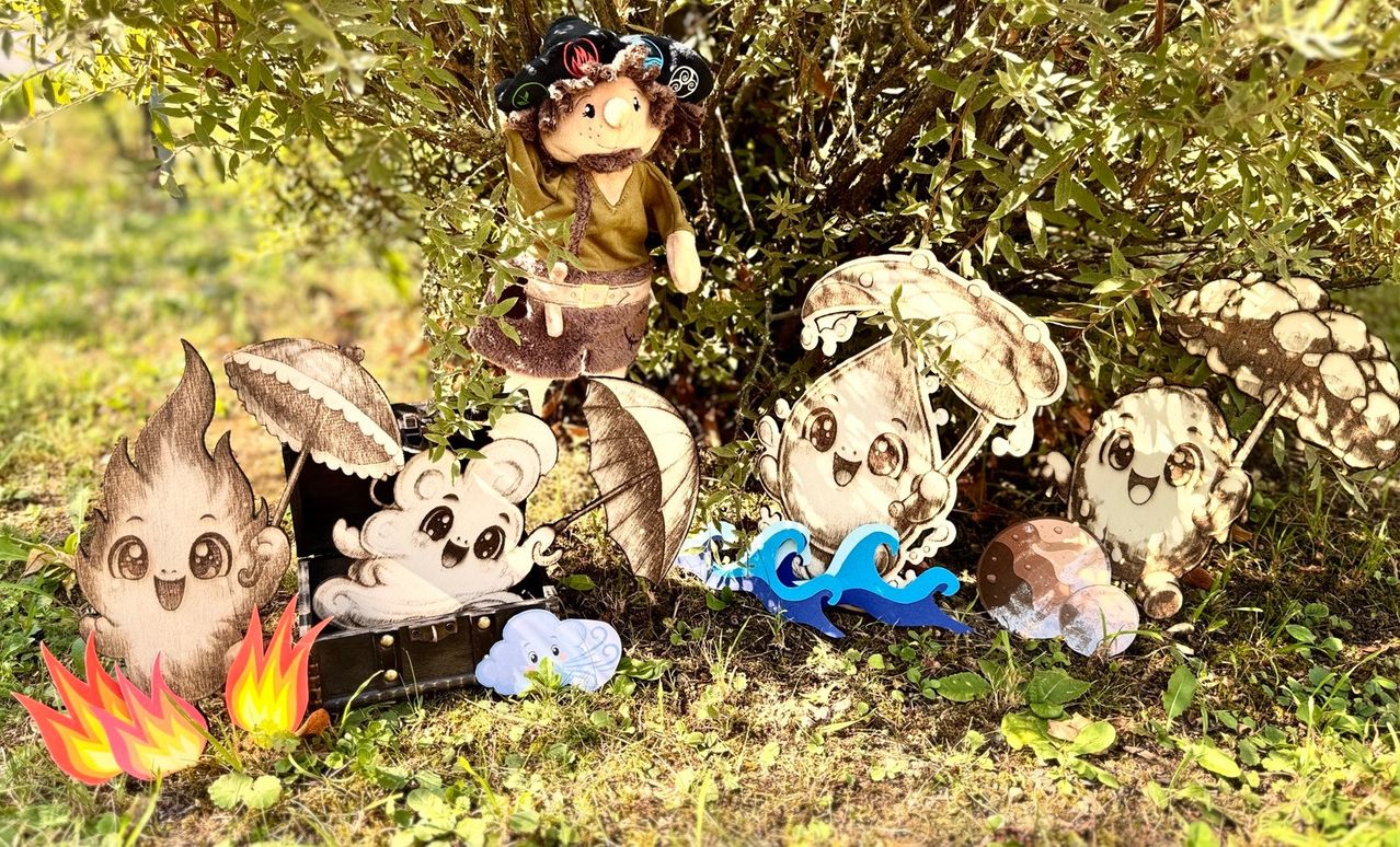Eine Piratenpuppe steht neben einem Schatzkisten mit einem Koala darin, umgeben von verschiedenen Ausschnitten und einem Pilz auf einem Busch.