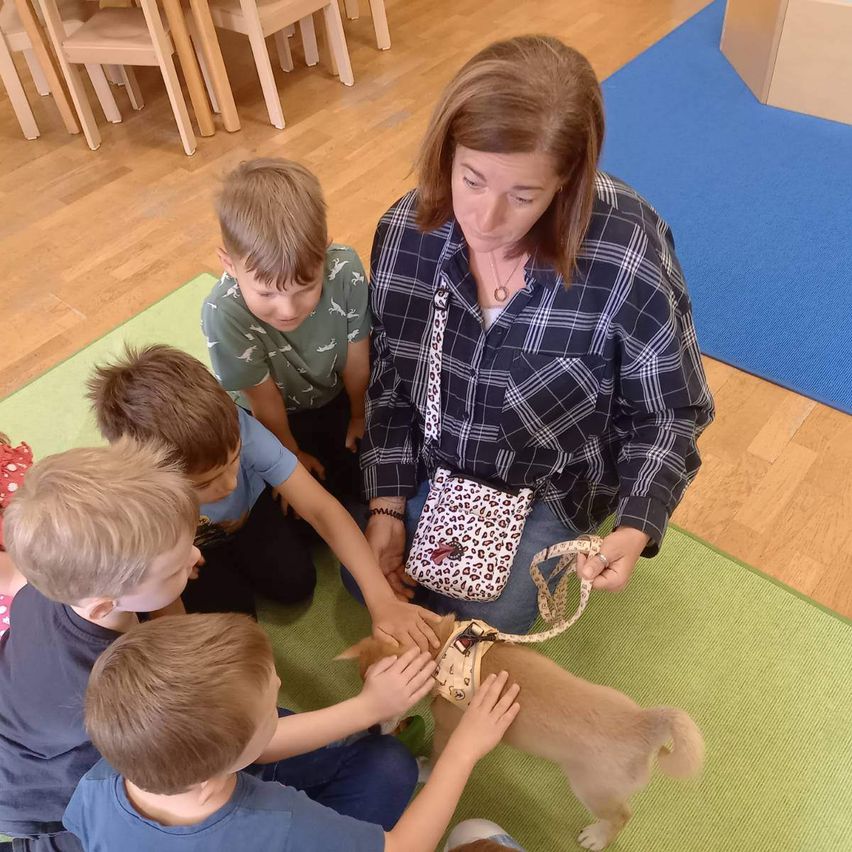 Eine Frau und vier Jungen versammeln sich um einen kleinen Hund, wobei drei Jungen ihn streicheln. Die Frau hält die Leine und die Tasche des Hundes. Der Raum hat Holzböden und einen Teppich.