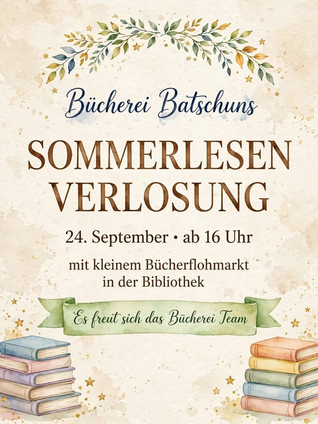 Ein Plakat für eine Sommerleseveranstaltung bei Bucherei Batschuns, mit einem kleinen Buchmarkt, mit einem Termin am 24. September ab 16 Uhr.