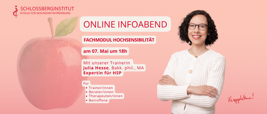 Das Schlossberginstitut bietet einen Online-Infoabend für einen Modul zur Hochsensibilität am 7. Mai um 18 Uhr an. Julia Hesse, eine ausgebildete Therapeutin, leitet die Veranstaltung. Es ist für Trainer, Berater, Therapeuten und Betroffene gedacht.